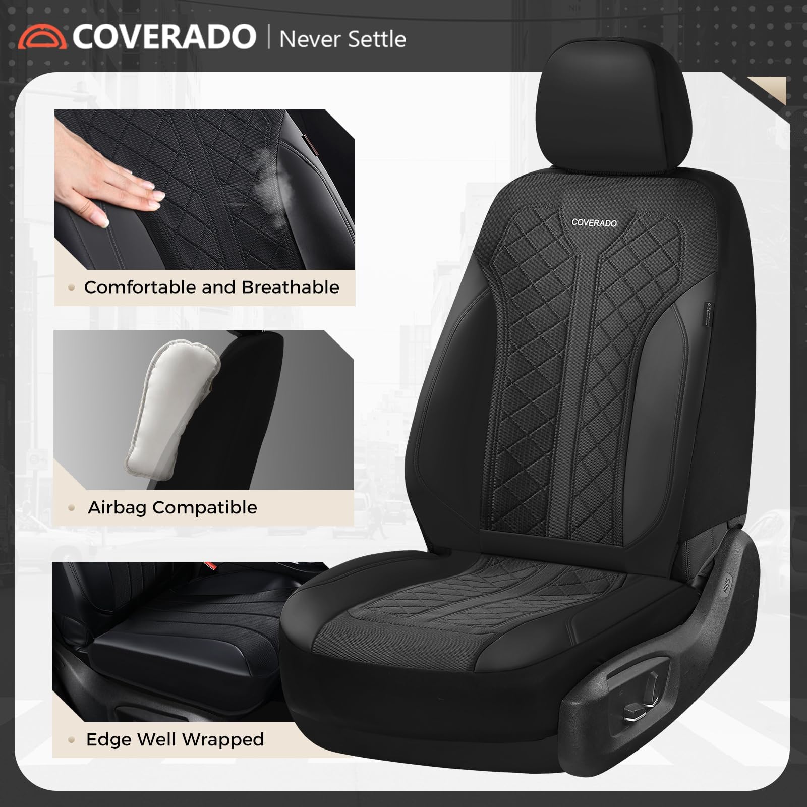 Coverado Auto Sitzbedeckungen 5 Sitze, Autositzbezüge Komplett Set | Mesh Atmungsfähig Sitzschutz, 5-teilige Spill-Proof Schwarze Automotive Sitzschoner, Universal Pass für SUV, Limousine, LKW