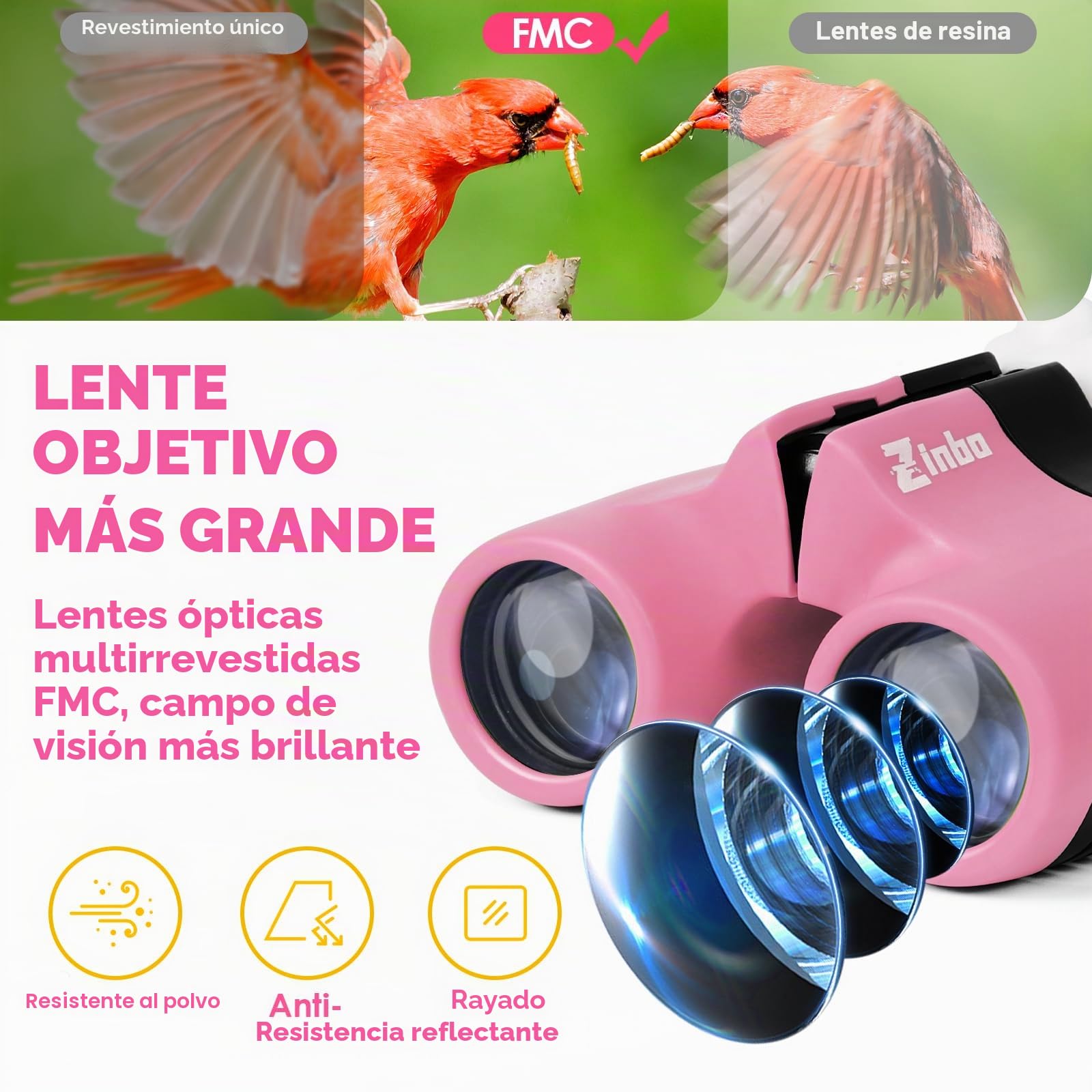 Prismáticos para niños de 8x21 Pulgadas, óptica Real de Alta resolución, Juego con Lupa y brújula de Silbato, prismáticos para niños de 3 a 12 años, Viajes, exploración de la Naturaleza (Rosa)