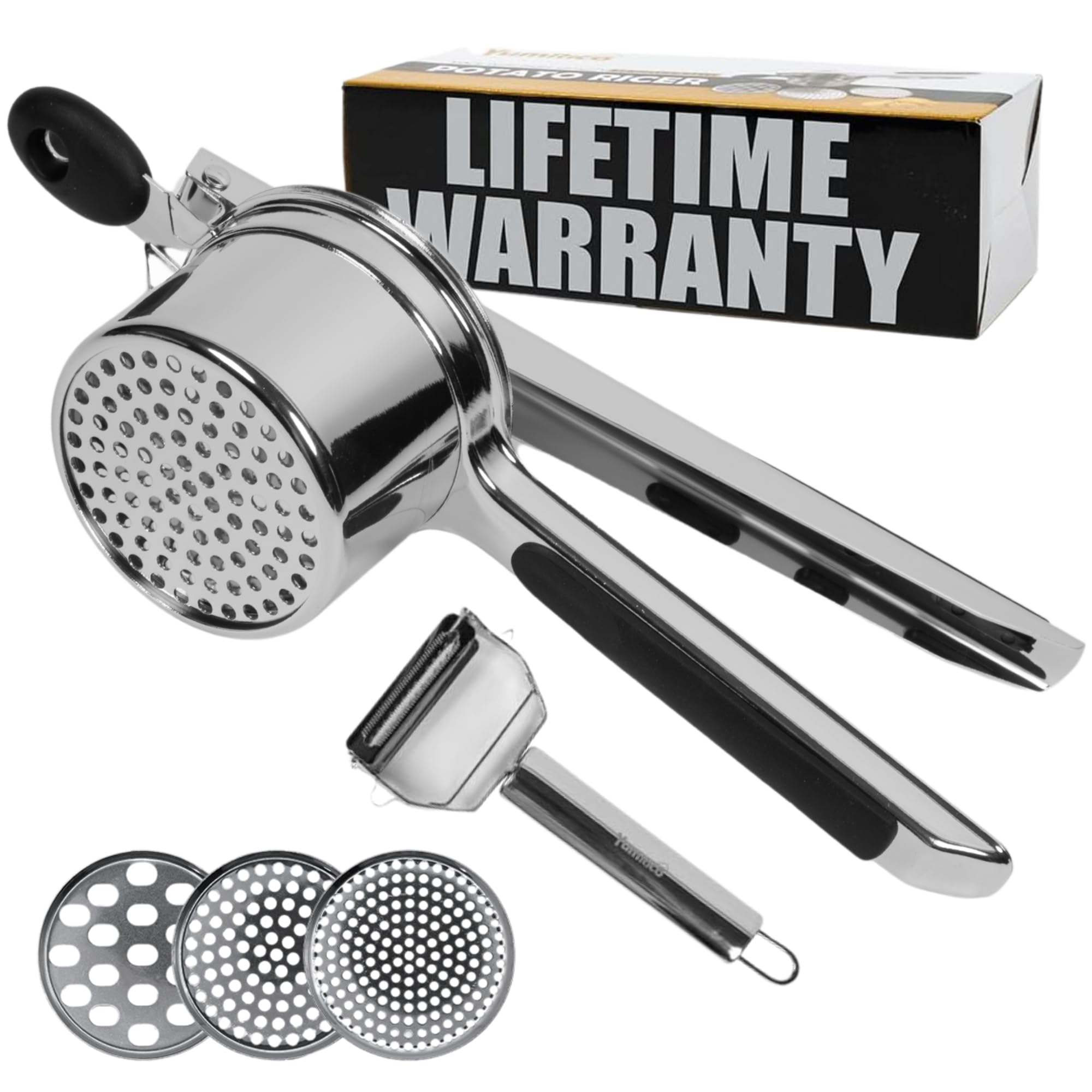 YumRico Potato Ricer 15 oz - Large Potato Masher Stainless Steel & Mashed Potatoes Tool - Stainless Steel Potato Masher with 3 Interchangeable Disc -