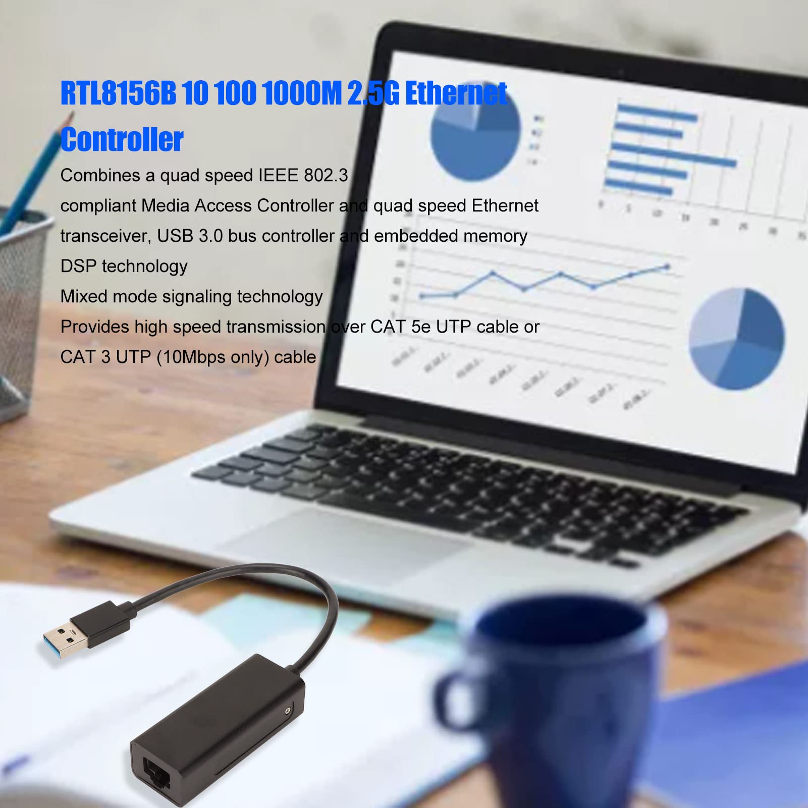Adapter Ethernet USB C do RJ 45, technologia DSP Technologia sygnału mieszanego Tryb Adaptacyjna korekcja 10 Mbs RTL8156B Adapter Ethernet USB, redukcja dźwięku pogłosu dla laptopa