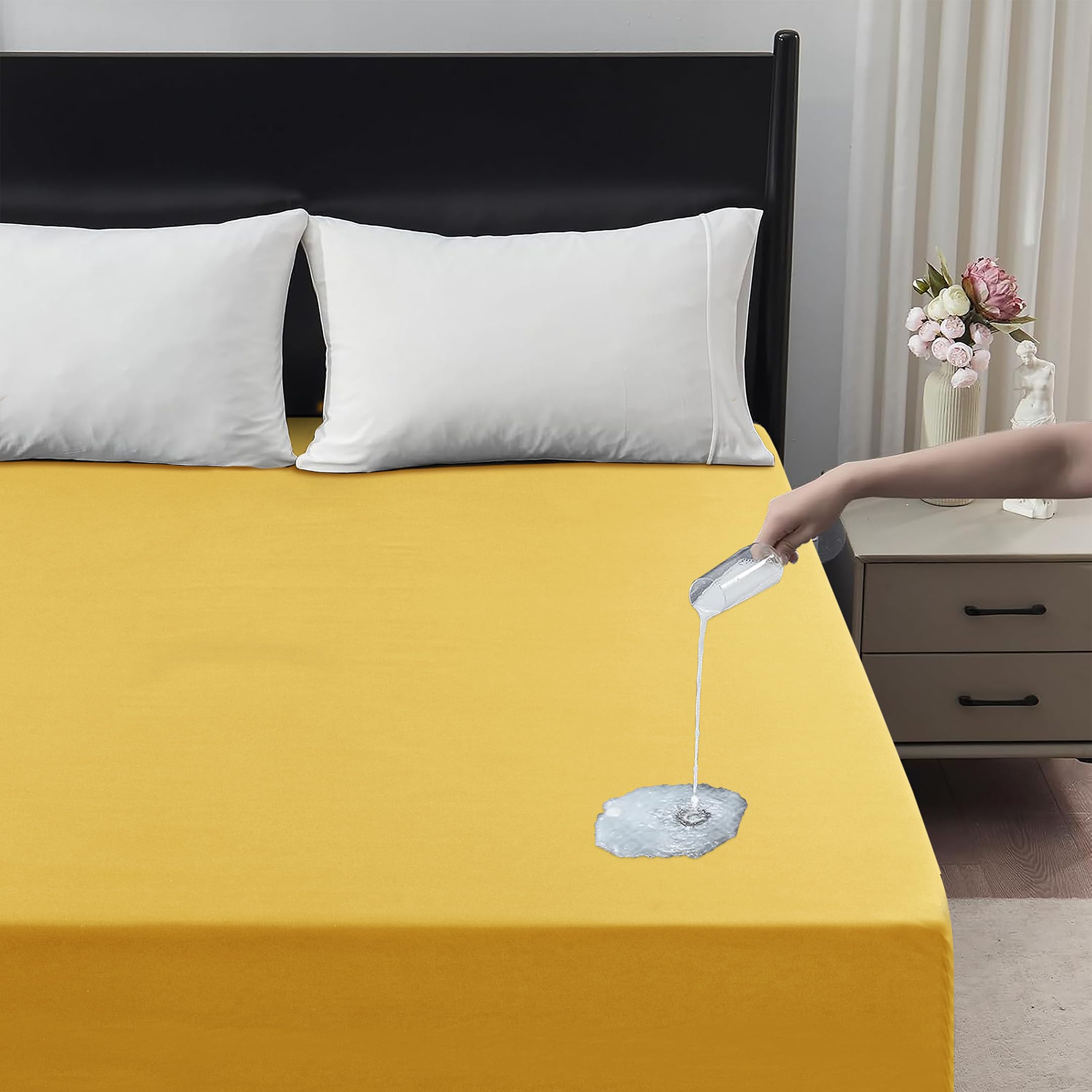 Waterproof Fitted Sheet – Mattress Protector | Soft Breathable Noiseless Bed Cover, Fitted Bed Sheet 30cm Deep Pocket, Durable Microfiber Fitted Mattress Cover (Yellow, King)