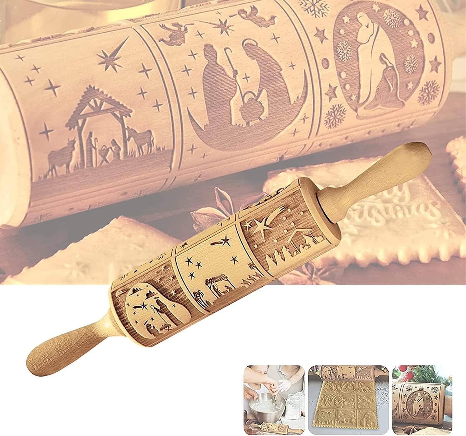 Yizemay Christmas Wooden Rolling Pins, 3D Embossing Rolling Pin, Nativity Pattern Xmas Christmas Engraved Rolling Pins Cookies DIY Tool for Baking Embossed Biscuits