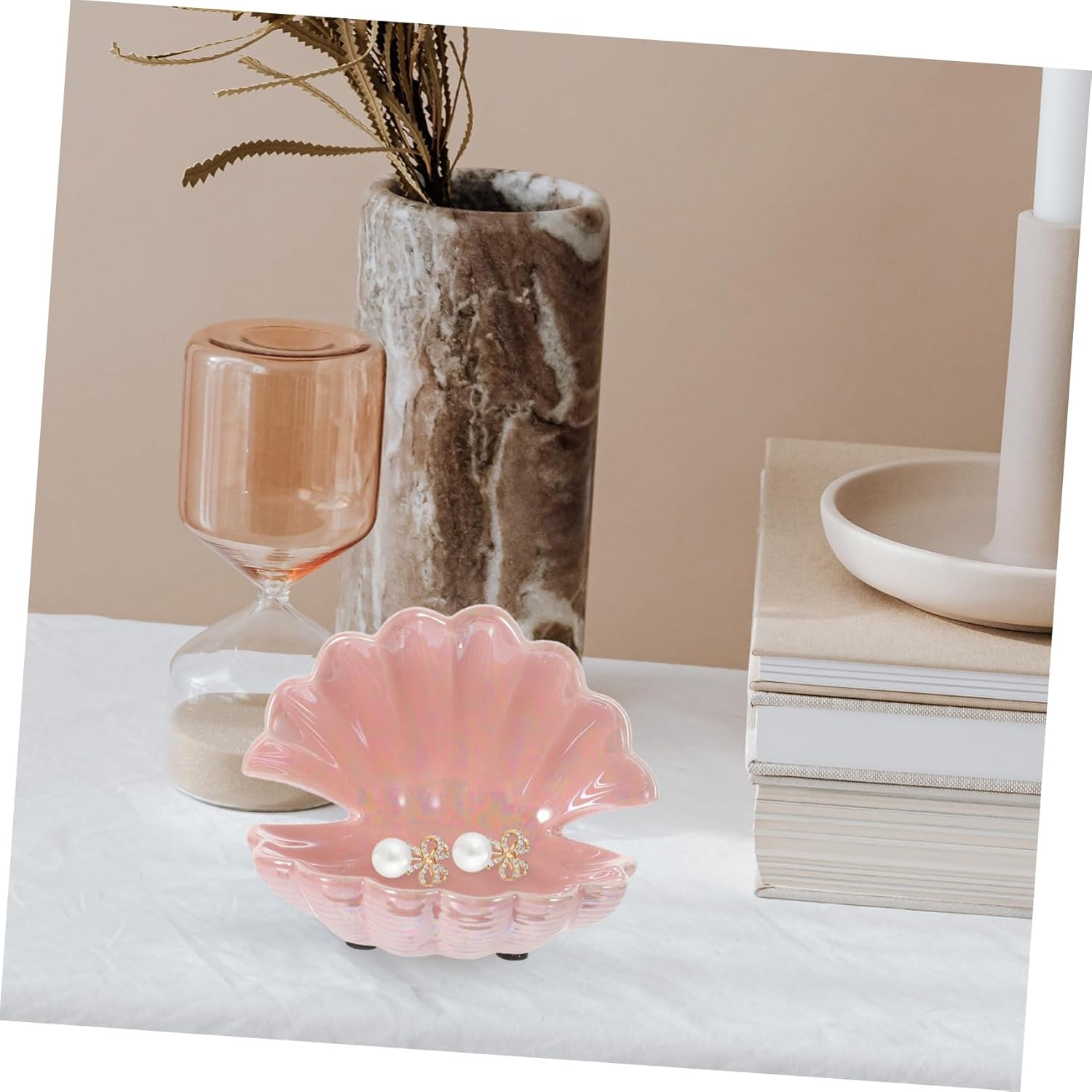 Elegant Shell Design Jewelry Tray Organizer - Ceramic Display Stand for Rings & Chains with Gold Holders, Perfect for Dresser & Drawer Storage, Stylish Home Decor