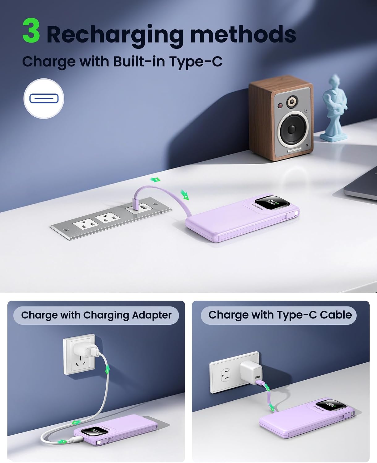 Portable Charger with Built-in Cables,22.5W Super Fast Charging Power Bank Slim Phone Charger,10000mAh Travel Battery Pack Battery Bank with Smart LED Display for iPhone, Android & USB-C (Purple)
