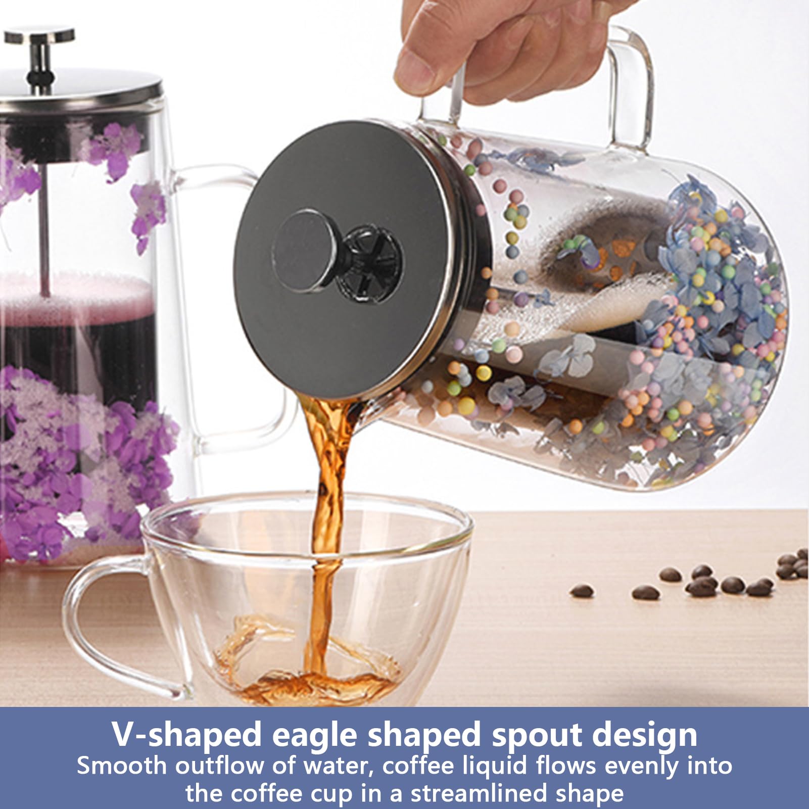 1L Français Presse Café En Verre Avec Décoration De Fleurs Séchées, French Press Cafetière À Piston En Verre Borosilicate Und Acier Inoxydable Pour Café Thé, Français Presse Café En Verre (C)
