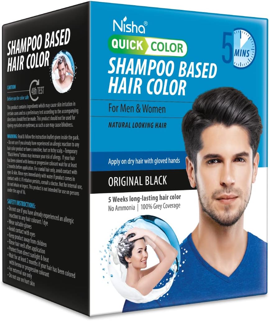 Nisha Quick 5 Minutes Hair Color Shampoo Black, 5 Weeks Long Lasting Shampoo Hair Colour for Women and Men (200ml - Original Black)