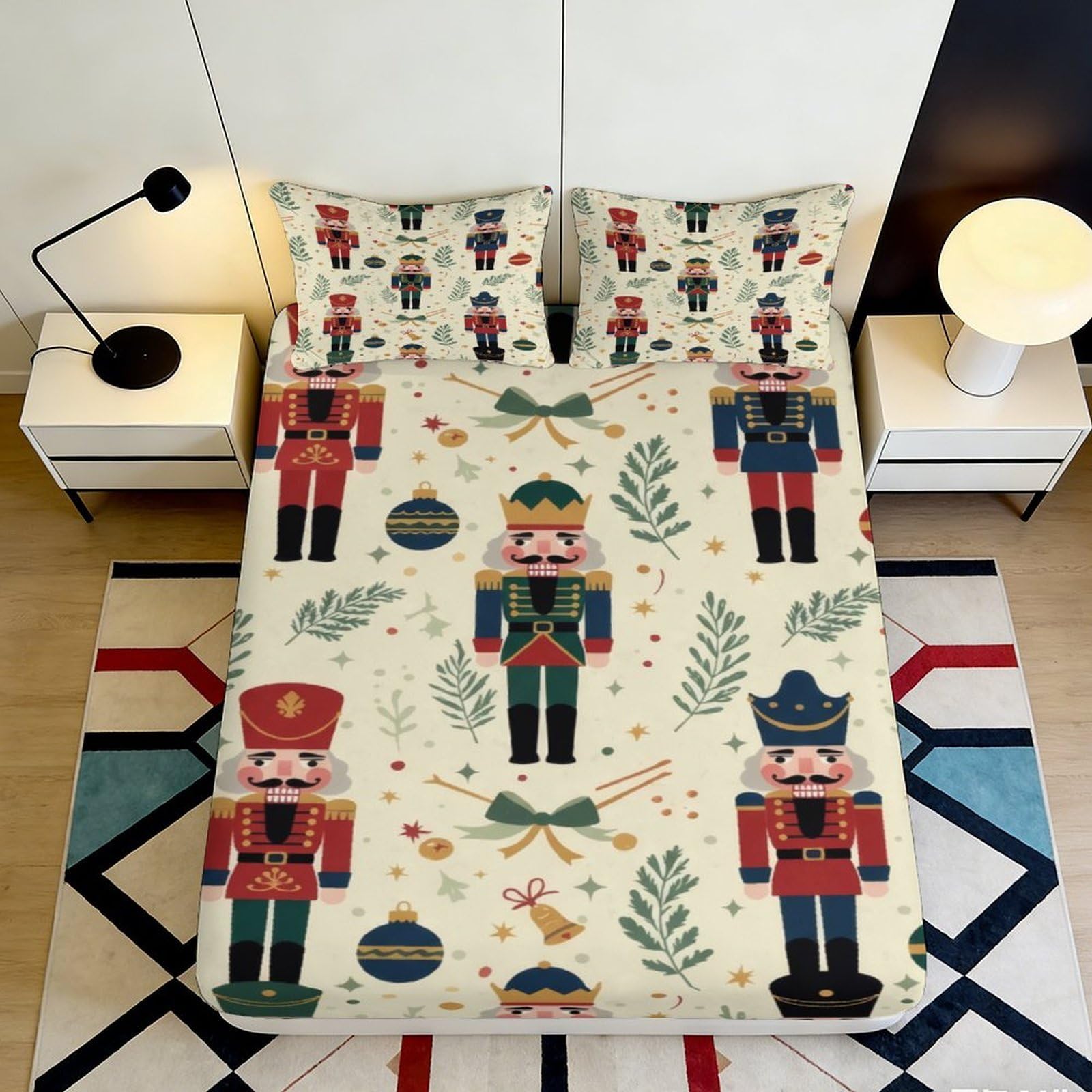 3D Printed Nutcracker Pattern Fitted Sheet Microfiber Non-Slip Christmas Toy Soldier Bed Cover for Bedroom Guest Room 120x200x25cm