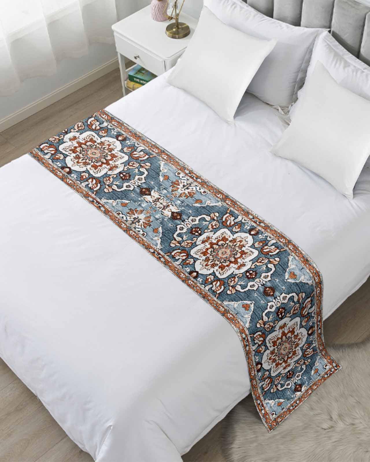 DecorLovee Blue Bohemian Bed Runners for Queen Size Bed, Decorative Bed Throws for Foot of Bed, Retro Pattern Oriental Farmhouse Ethnic Bed Runner Sofa Throw Bedding Scarf Protector for Bedroom