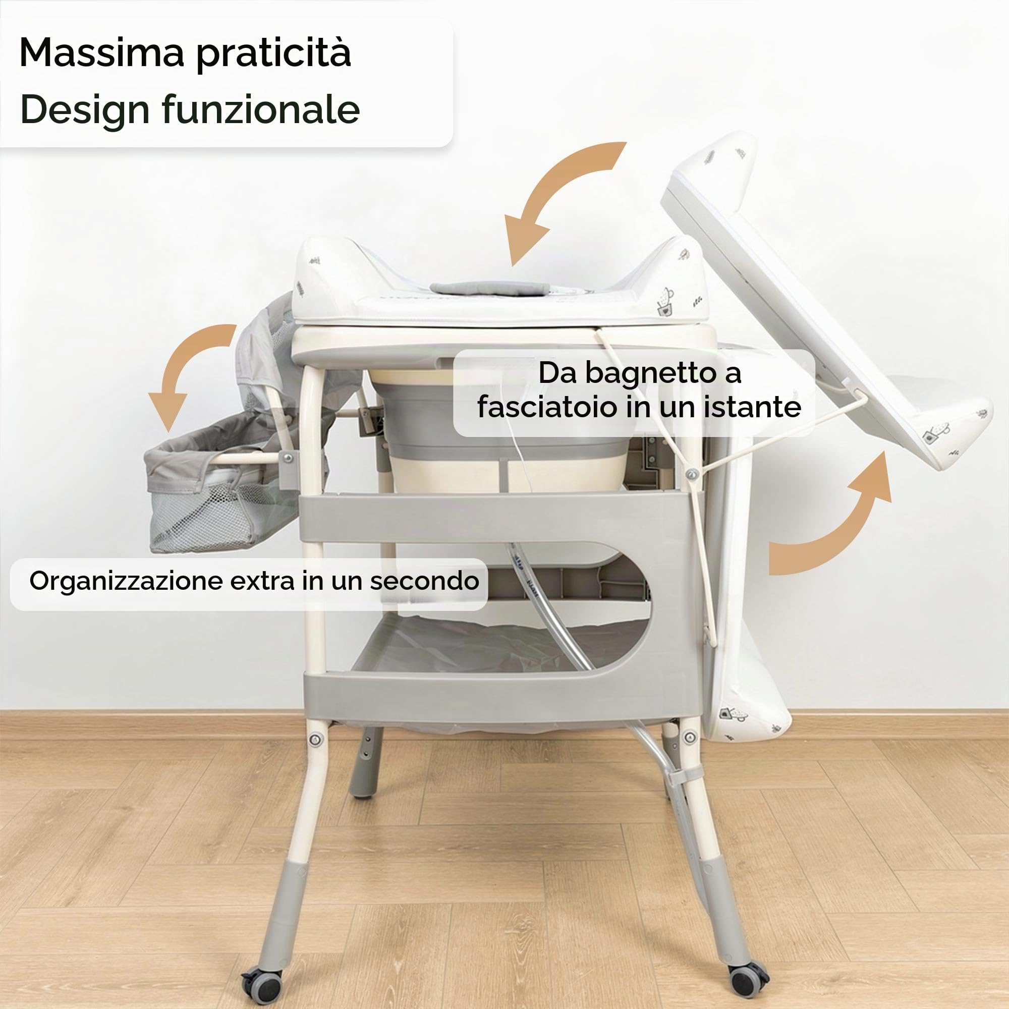 ALMAR Baby Fasciatoio con vasca per bambini, mobile fasciatoio pieghevole, vasca da bagno con termometro alto con ruote e organizer