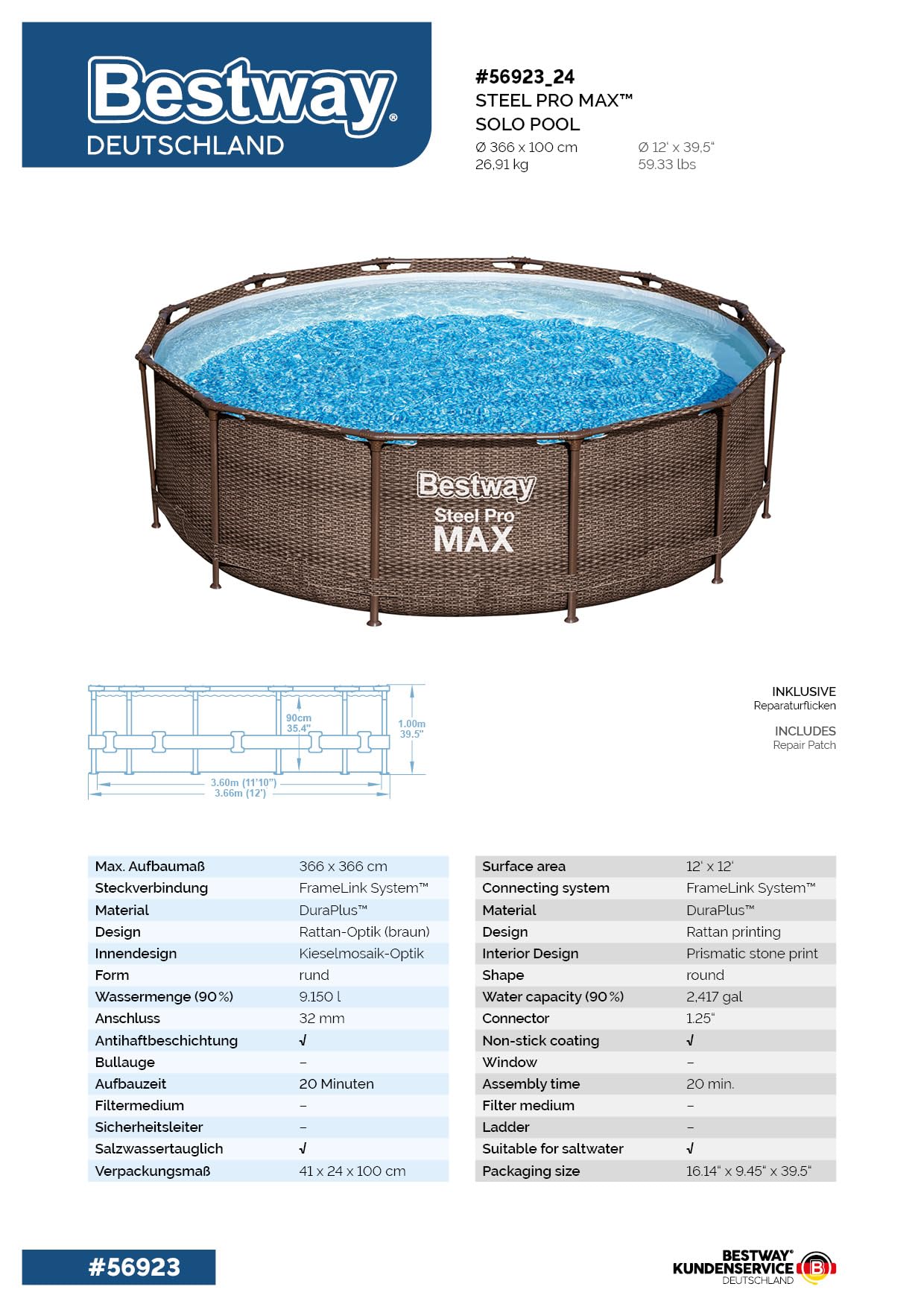 Bestway Steel Pro MAX - Set per piscina con pompa filtro, Ø 366 x 100 cm, effetto rattan, colore: Cioccolato
