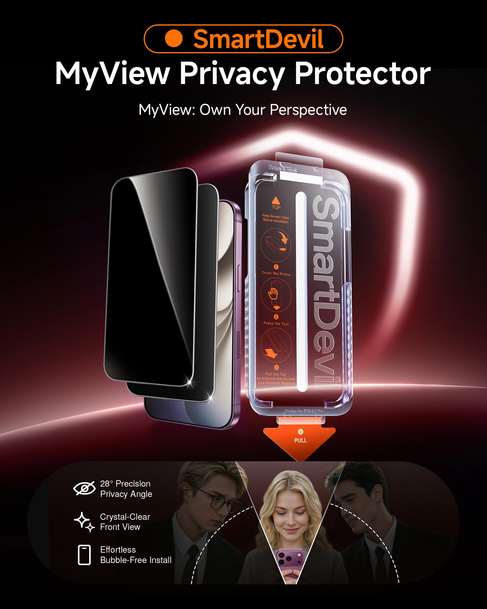 SMARTDEVIL Confezione da 2 pellicole protettive per la privacy per telefono pro2027, 28° anti-spia, in vetro temperato 9H, resistente a urti e graffi, struttura di installazione automatica senza bolle