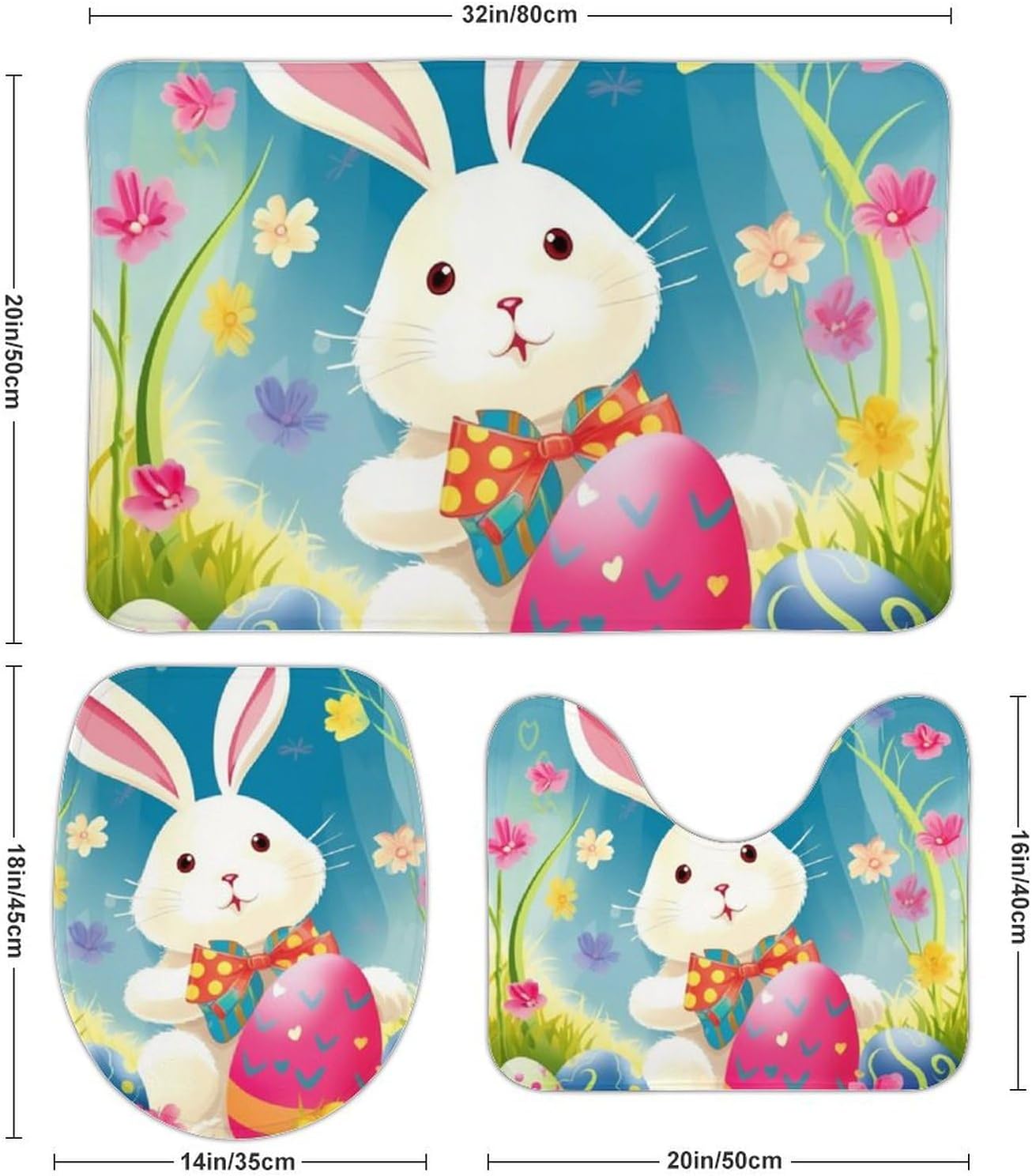 Anti-Skid Floor Mats 3 Piece Set,Spring Happy Easter Holiday Printed Coral Fleece Bathroom Mats U-Shaped Contour Mat Toilet Seat Cover for Bathroom, Tub, Shower, Kitchen 19.7"x31.5"