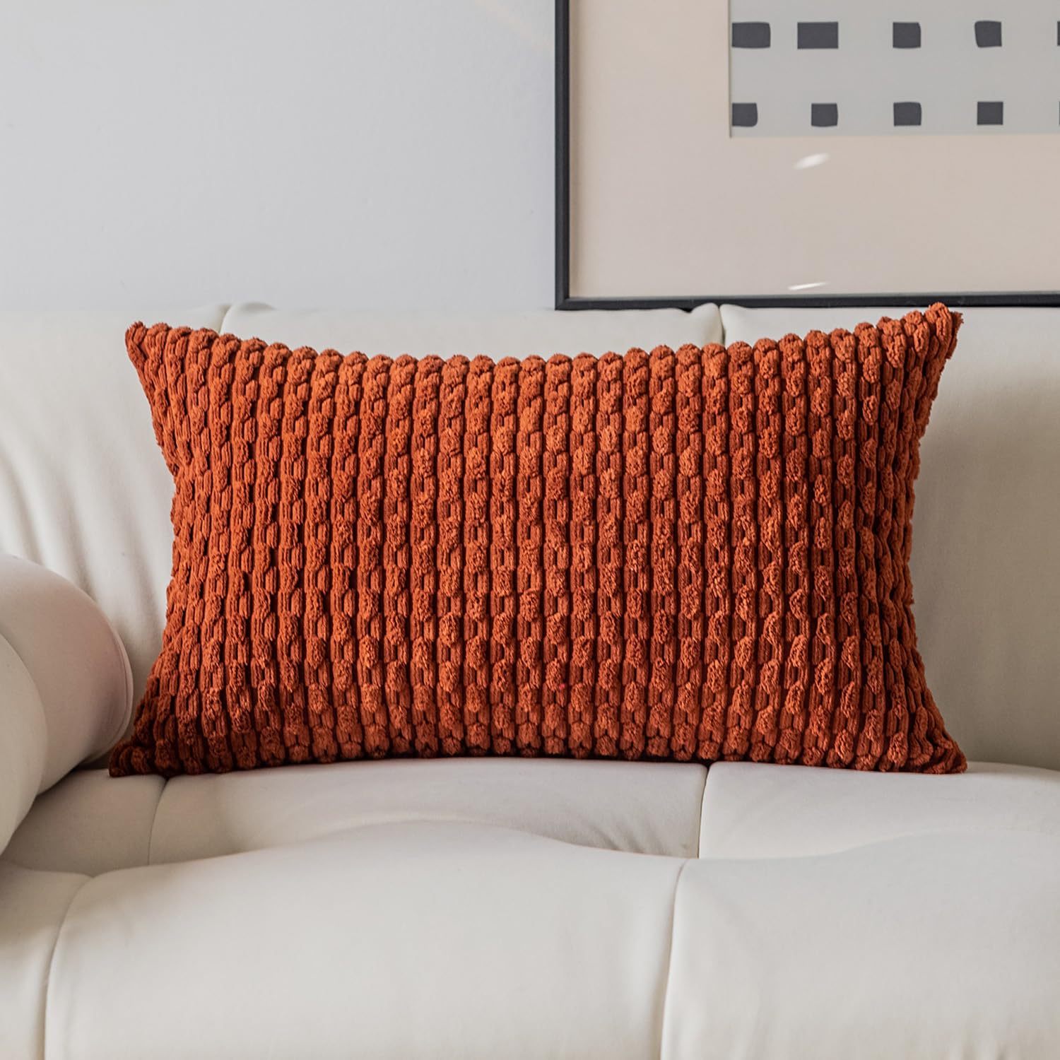 Photo 1 of Kevin Textile Fall 12x24 Inch Pillow Cover 1 Pack Boho Decorative Soft Striped Corduroy Lumbar Farmhouse Solid Color Accent Rectangle Cushion Case for Living Room Couch Sofa Bed, Burnt Brick