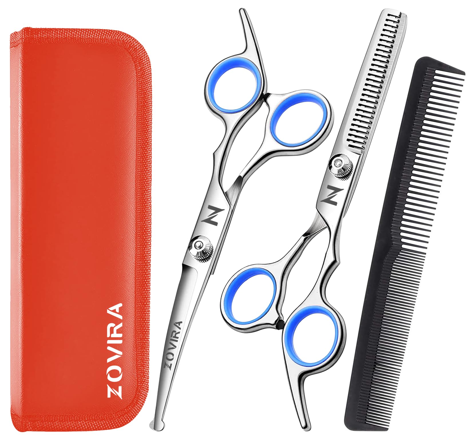 ZOVIRA Dog Grooming Scissors Set, Pet Hair Thinning & Deshedding Shears Straight with Leather Pouch – Stainless Steel (Pet Scissors Set)