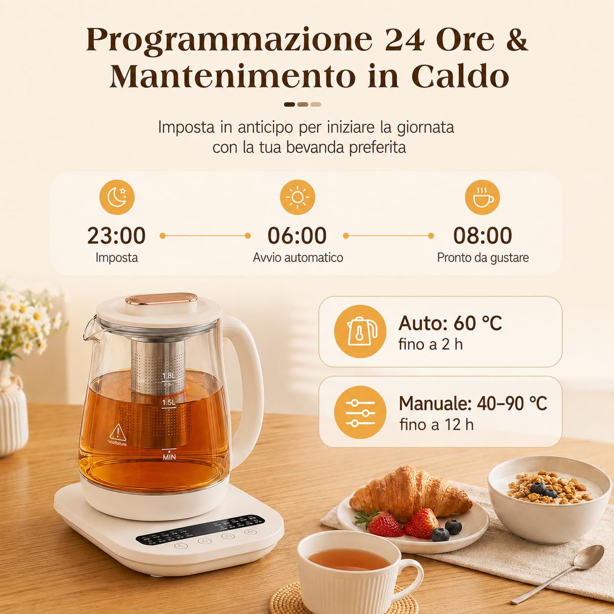 Bollitore Elettrico in Vetro 1.8L con Controllo Temperatura