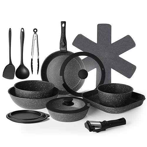 USELUCK 20 Pcs Pots and Pans Set Non Stick, Stackable Cookware Sets with Detachable Handle, Granite Induction RV Kitchen Portable Cooking Set Removable Handles, Dishwasher ＆ Oven Safe, Black - Granite Black - 20-Pieces Cookware Set
