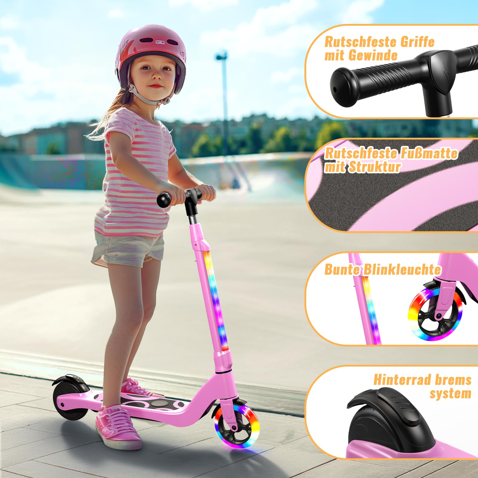 Patinete TST para niños de 6 a 10 años, patinete eléctrico de 5.3 pulgadas para niños con luces LED intermitentes y 3 alturas ajustables, patinete para niños con motor de 45W, velocidad máxima 10 km/h