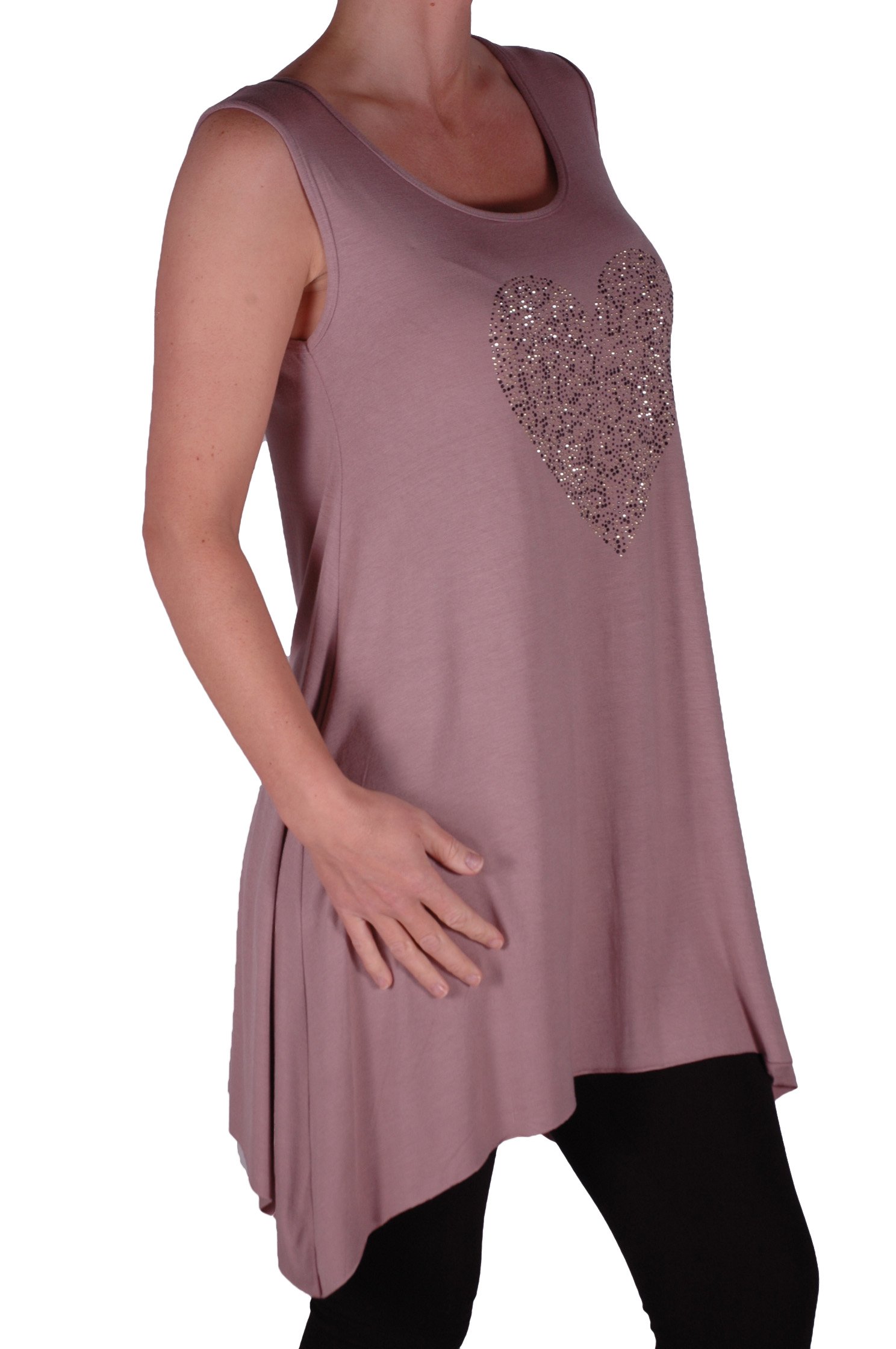 Eye Catch Plus - Ladies Heart Studded Longline Womens Vest Top Mocha Size 18