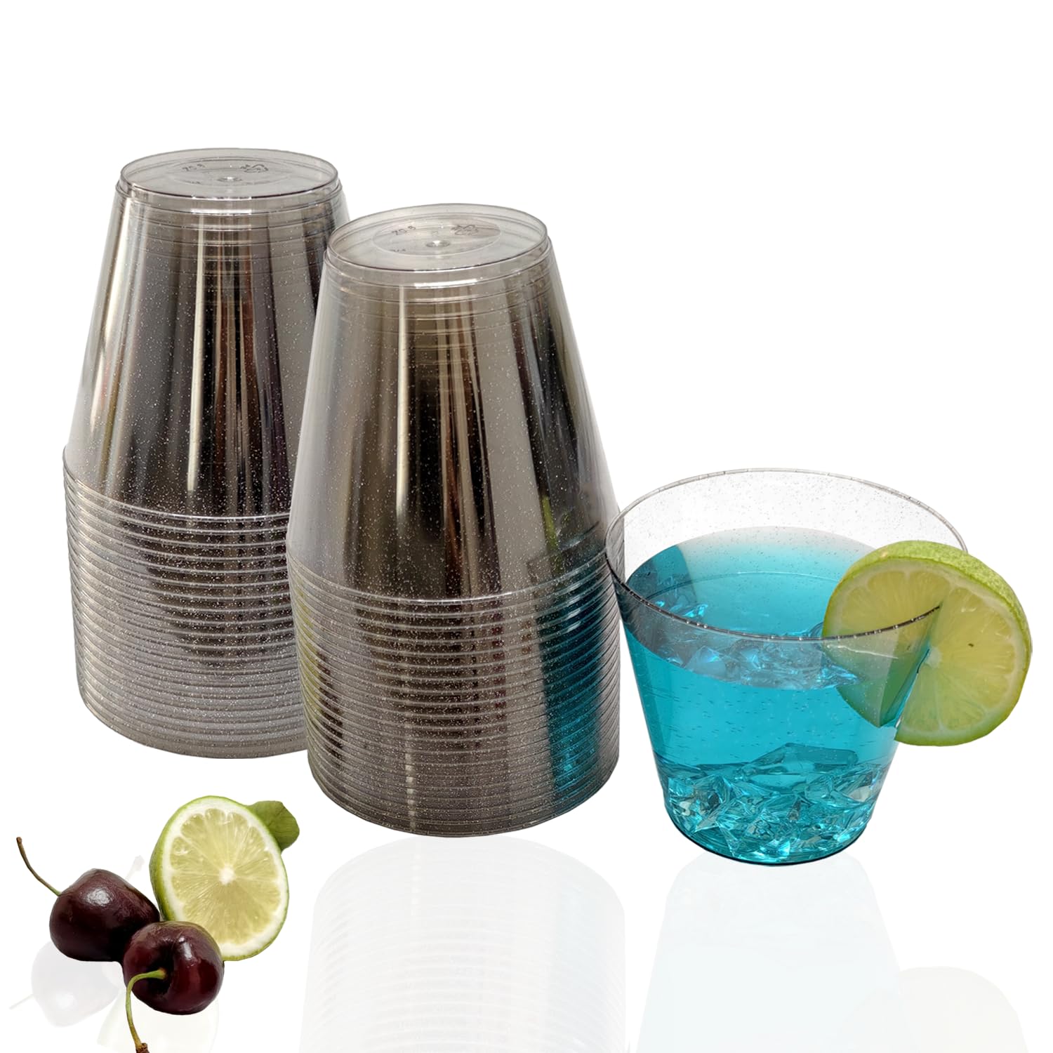 KINGSUSLAY 50PCS Premium Plastic Party Cups, Clear Hard Plastic Cups with Sliver Glitter (265ml / 9oz) - Reusable Plastic Glasses, Tumblers, Gold Cups for Drinks, Cocktail, Dessert, Wedding, Parties.