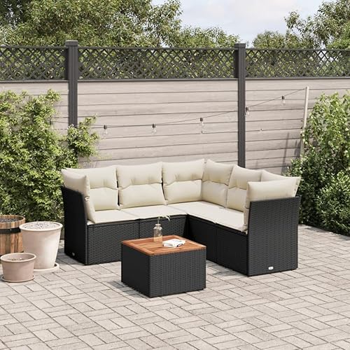 6-Piece Garden Sofa Set in Black and Cream White, Modern Outdoor Furniture with Synthetic Rattan and Acacia Wood Frame, Water-Resistant Modular