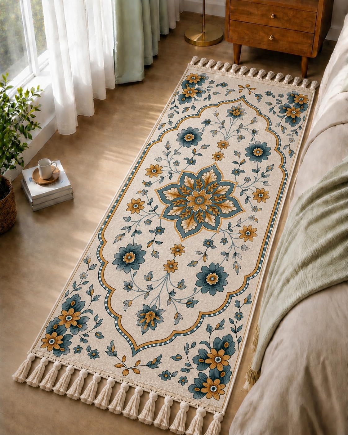 Printed Cotton Bedside Runner Rug Carpet 2x5 Feet (60 x 152 cm) | Machine Washable | Soft Floor Runner Carpet for Bedroom, Hallway, Living Room & Entryway - Persian Royal Floral-image-21