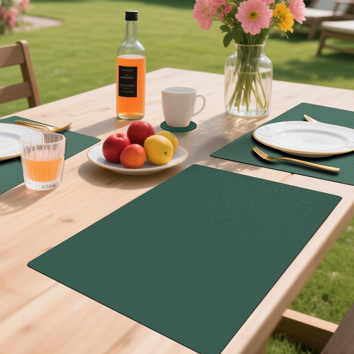 Placemats and Coasters Set of 6, Waterproof、Oil-Proof Wipeable、Anti Slip PVC Leather Place Mats, Heat Resistant Reversible Table Mats for Kitchen, Dining, Outdoor 17’’×12’’, (Dark Green)