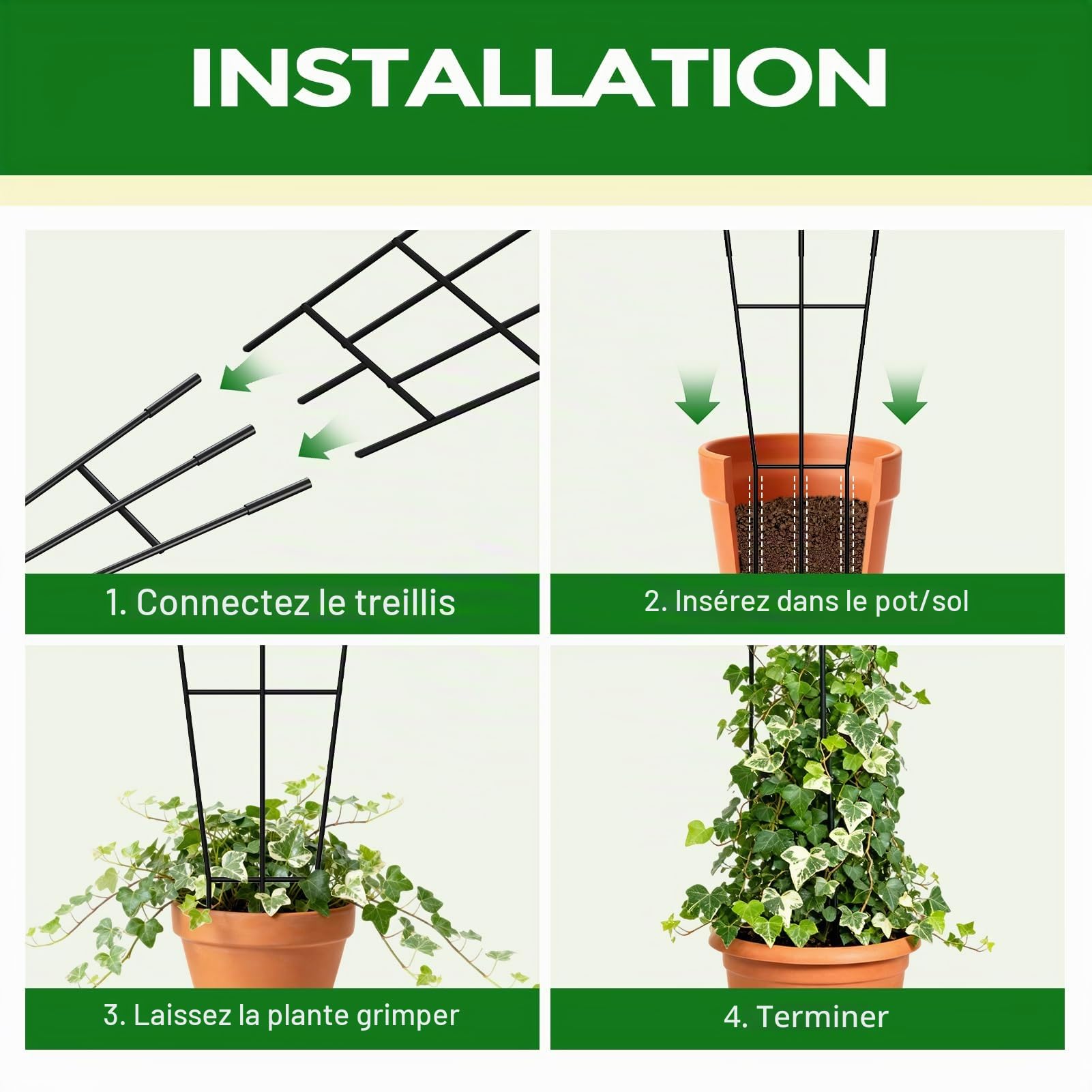 Lot de 4 treillis de 125 cm pour plantes grimpantes, tuteur en métal pour plantes d'intérieur | Treillis de jardin intérieur et extérieur pour légumes, roses et fleurs