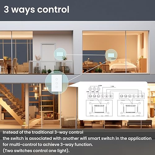 Miniatura 5 de Interruptor de luz de pared inteligente WiFi, control múltiple de 3 vías, interruptor táctil Wi-Fi de 2.4 GHz, requiere cable neutro, se adapta con