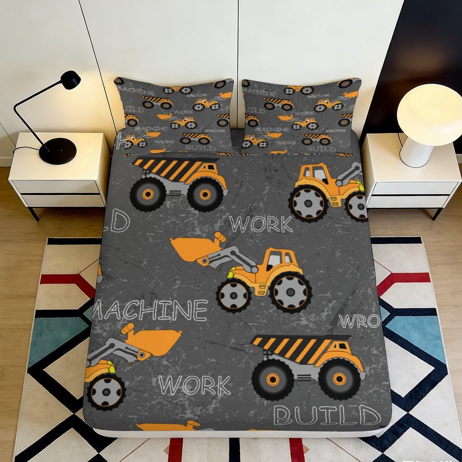 3D Printed Construction Truck Fitted Sheet Microfiber Anti-Slip Grey Cartoon Digger Bed Cover for Bedroom Dorm Room Decor 160x200x25cm