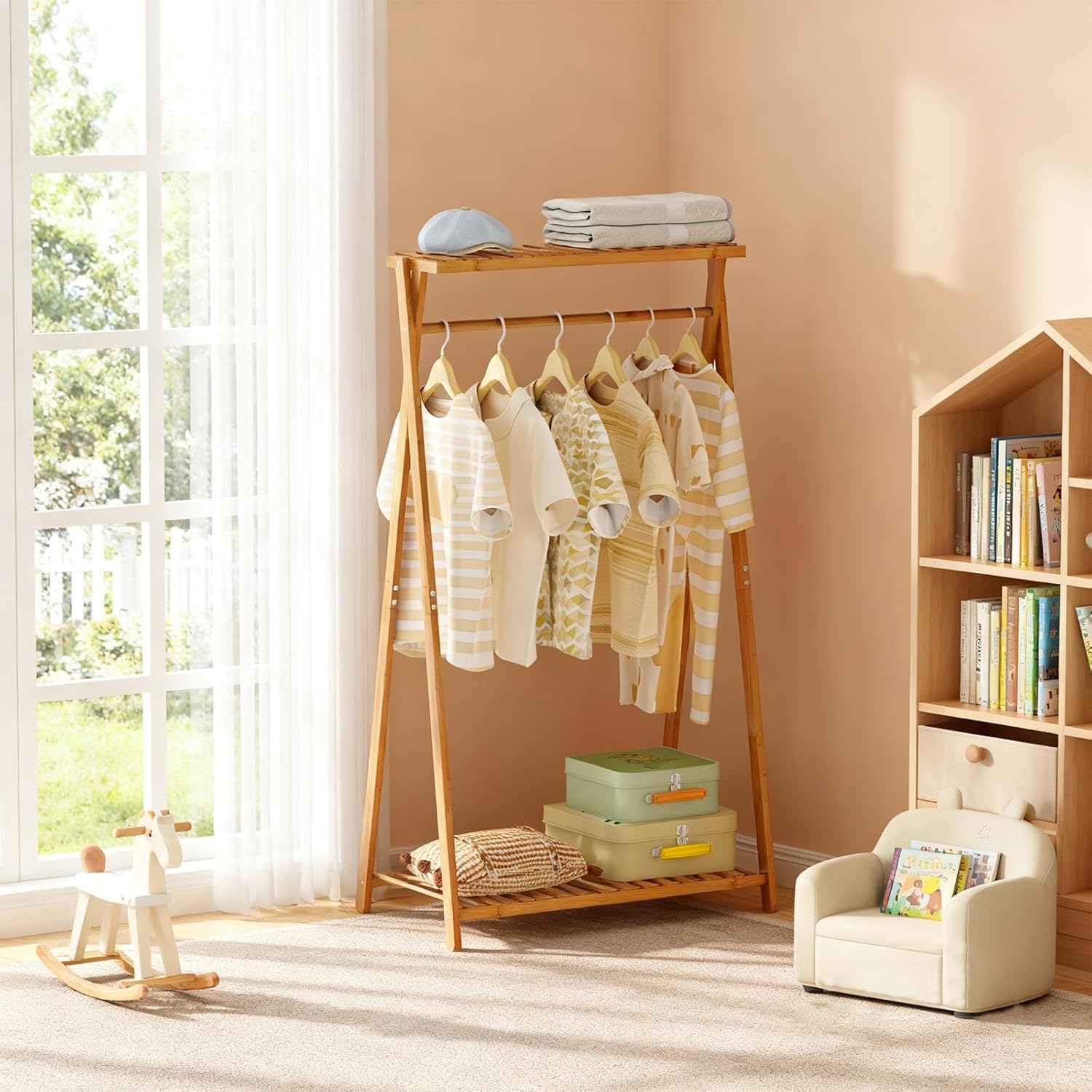 Bamboo Kids Clothing Rack,Small Dress Up Clothes Rack for Kids,Child Dress Up Rack with 2 Storage Shelves,Portable Garment Rack for Playroom Toddles Bedroom