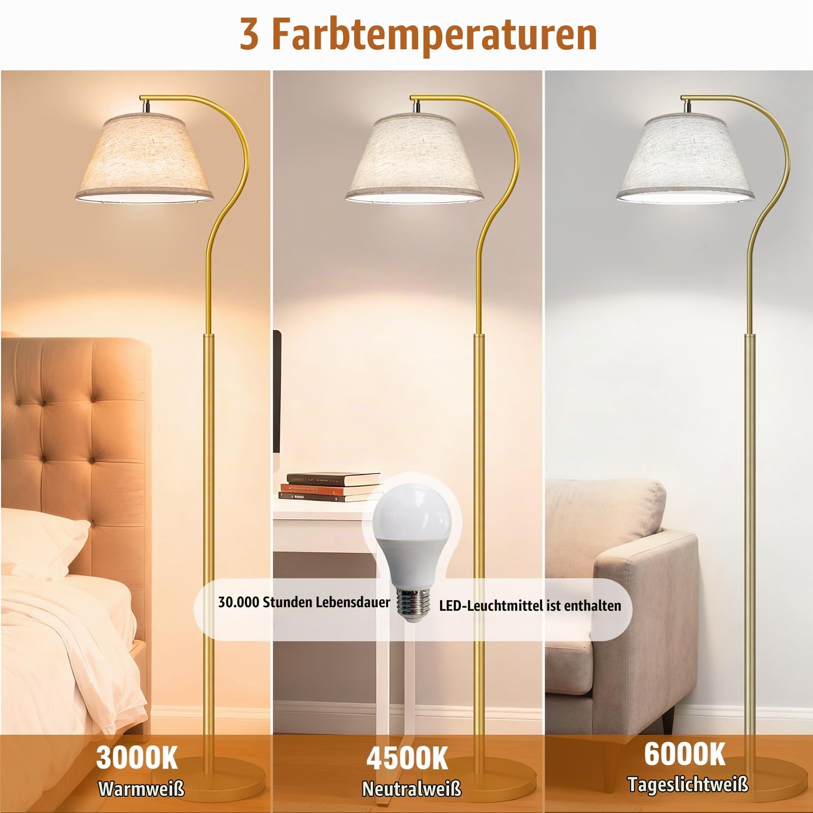 BBHome Stehlampe Wohnzimmer, Bogenlampe mit Lampenschirm & Fußschalter, Modern Standleuchte LED, 170cm E27 Stehleuchte für Wohnzimmer, Schlafzimmer, Büro (Gold)