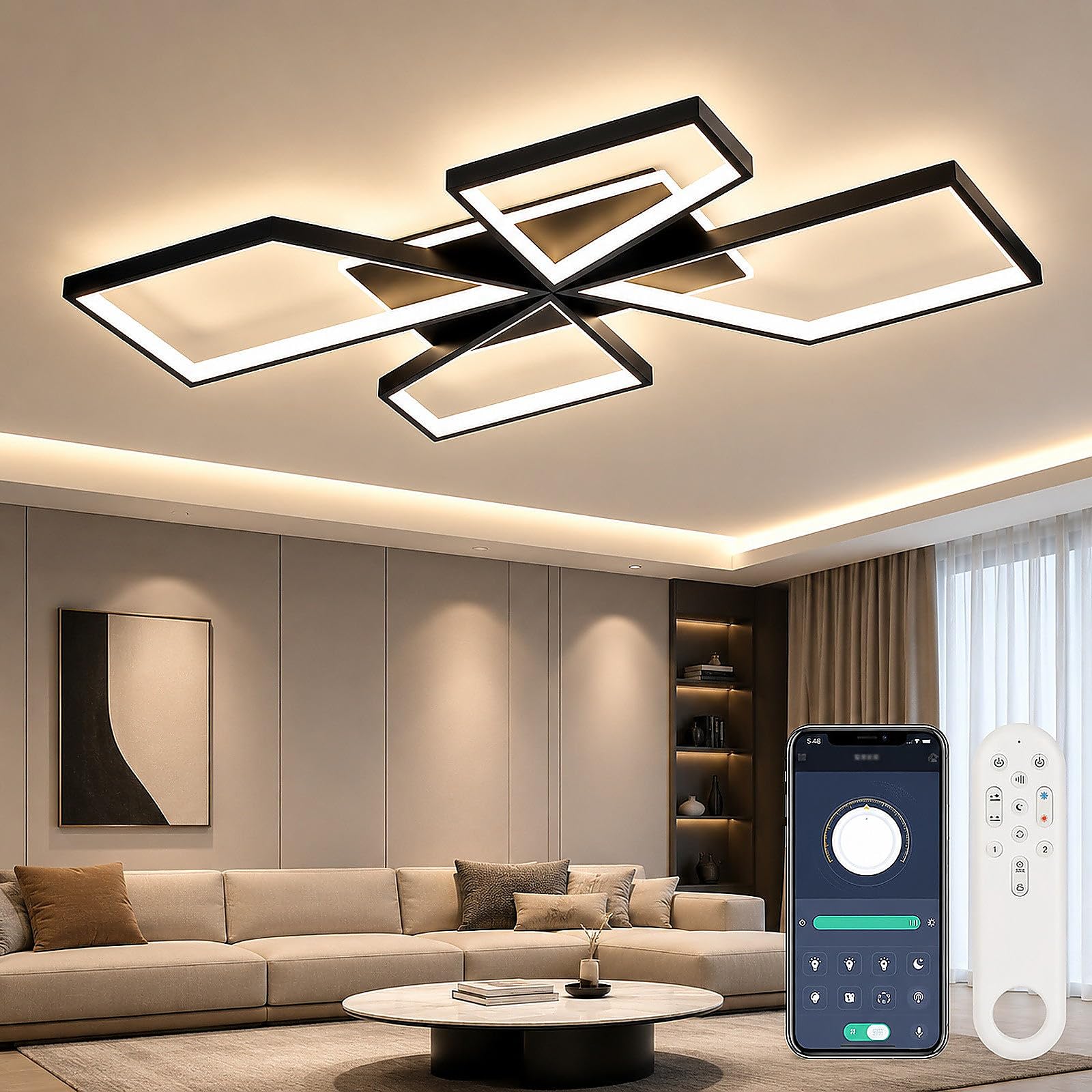 OTREN LED Deckenleuchte Wohnzimmer mit Fernbedienung und APP, 78CM 72W | Geometrische Deckenlampe Dimmbar mit Fernbedienung 3000K–6500K, Moderne Wohnzimmerlampe für Esszimmer & Schlafzimmer