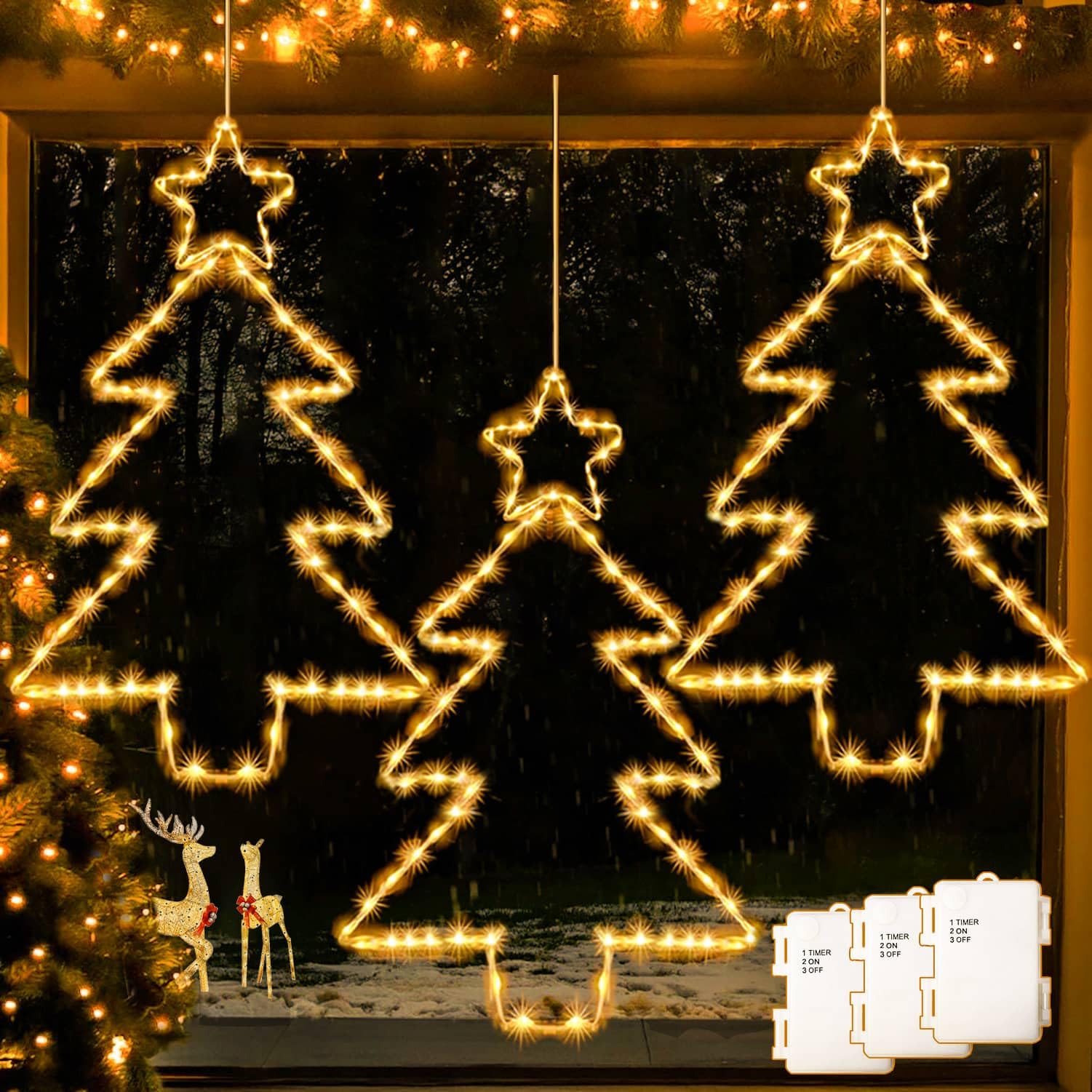 Dekofun Estrella Navidad Exterior 3 Piezas 45 LED Luces Ventana a Batería Con Temporizador, Impermeables Adornos Para Balcón Hogar Interior Decoración