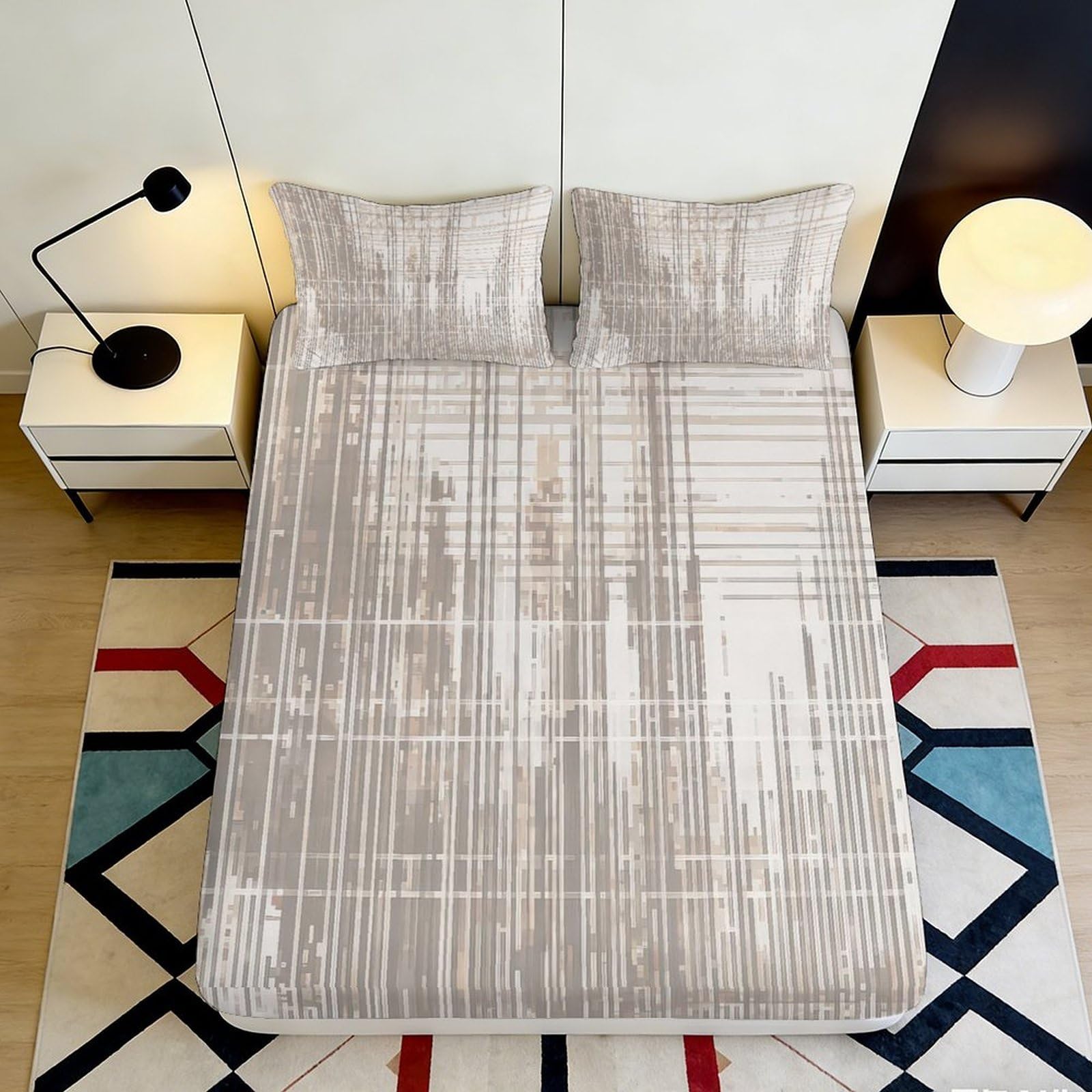 3D Printed Beige Geometric Lines Fitted Sheet Microfiber Modern Abstract Mattress Cover for Bedroom Dorm Easy Care 90x200x25cm