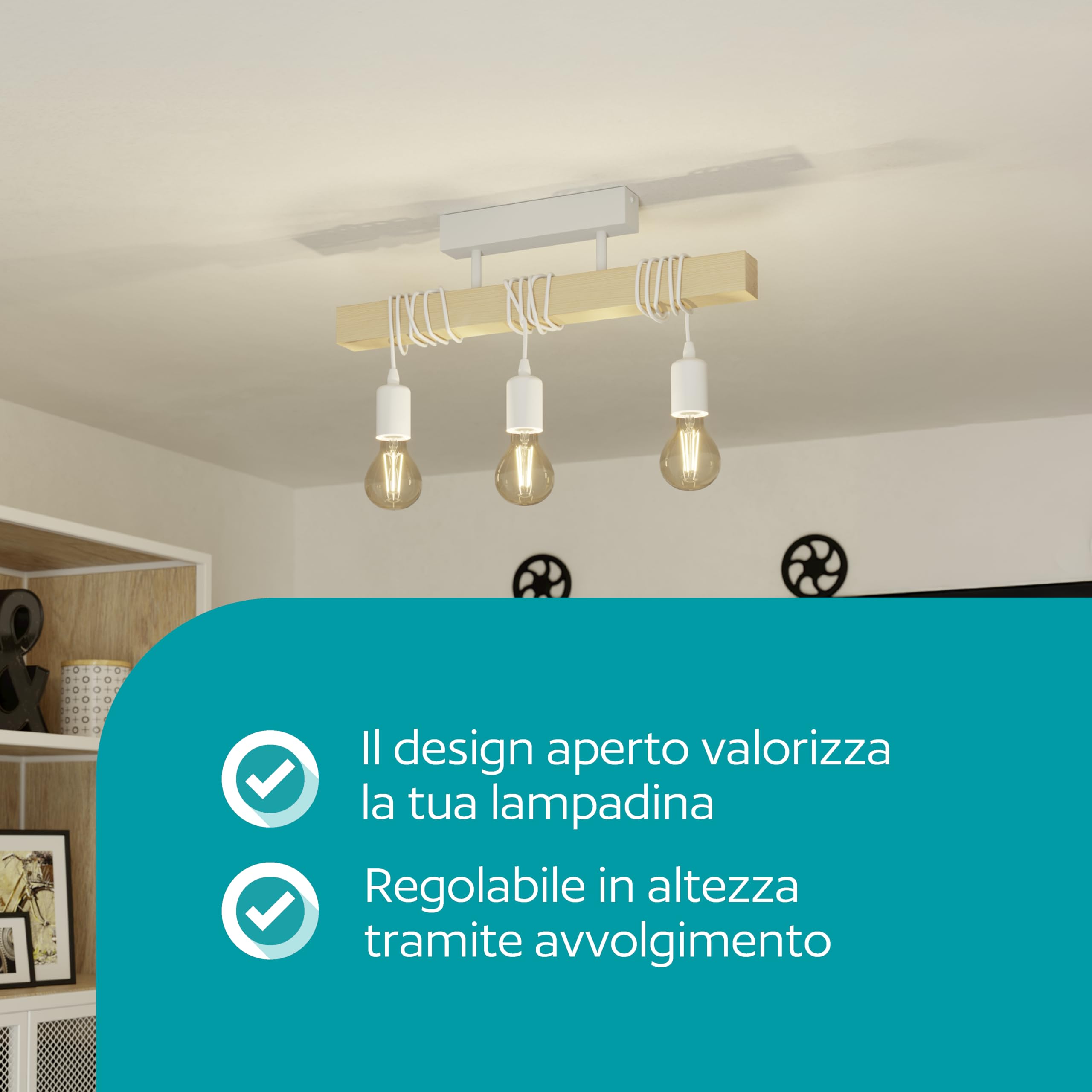 Eglo Plafoniera Townshend, plafoniera vintage a tre punti luce, plafoniera | dal design industrial, lampada a sospensione retrò in acciaio e legno, bianco, marrone, E27