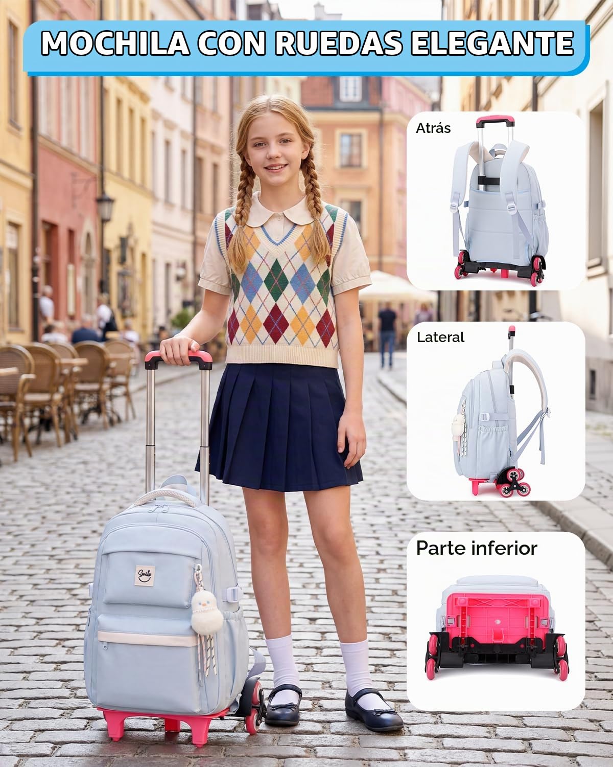 Tanou Mochilas Escolares con Ruedas para Niñas, Mochila Instituto para Adolescentes Chicas con Trolley Desmontable, 26L Mochila Casual con Carro de 6 Ruedas, Azul