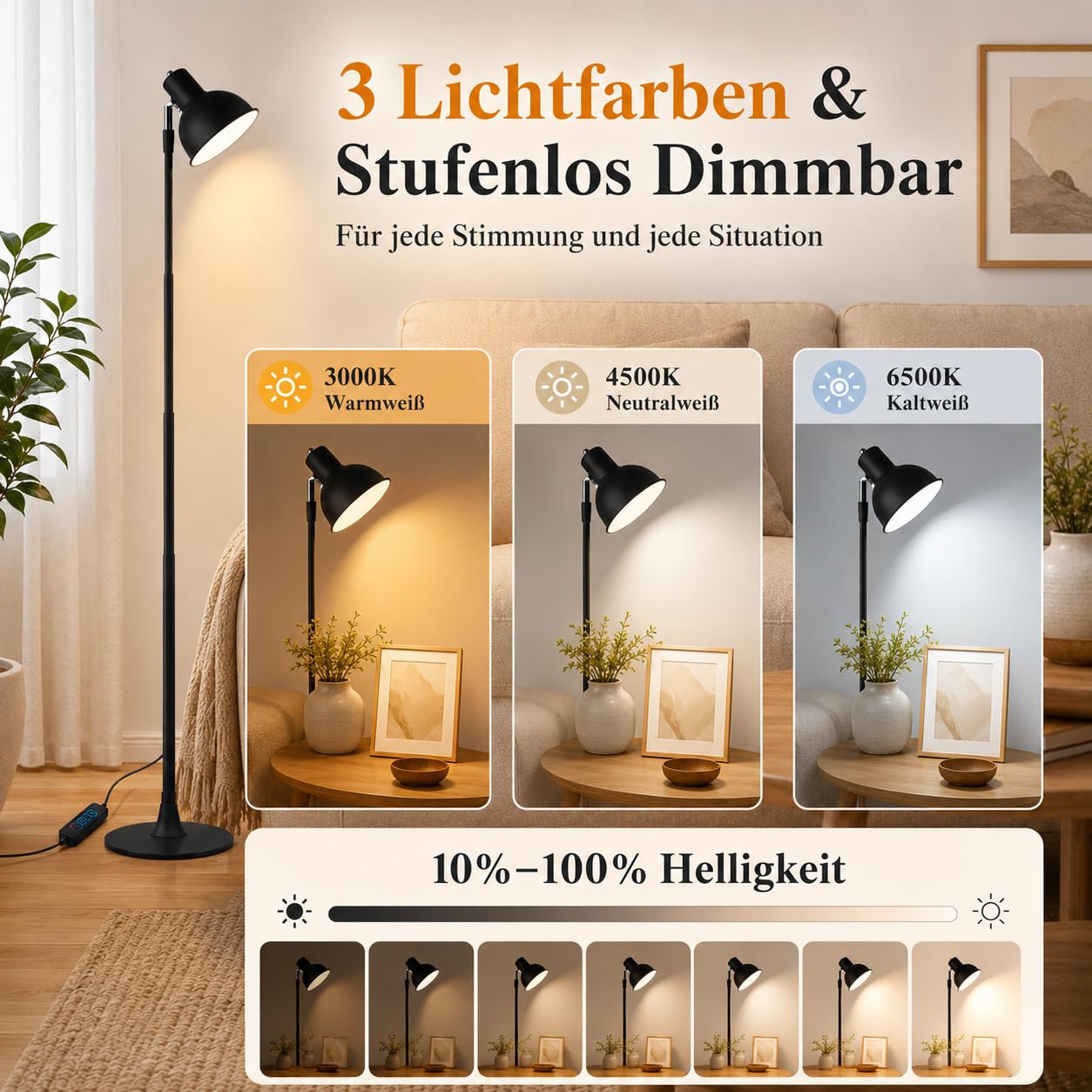 Rosnek LED Stehlampe Höhenverstellbar, Leselampe Dimmbar mit 3 Lichtfarben, 150° Schwenkbar Lampenkopf, 2-in-1 Stehleuchte & Tischleuchte für Wohnzimmer, Homeoffice, Esszimmer, Metall Schwarz