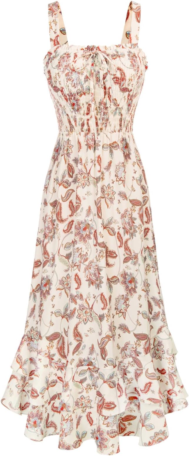 Women's 2026 Summer Floral Boho Dress Square Neck Strapped Swing A Line Sundress Beach Long Maxi Outfits