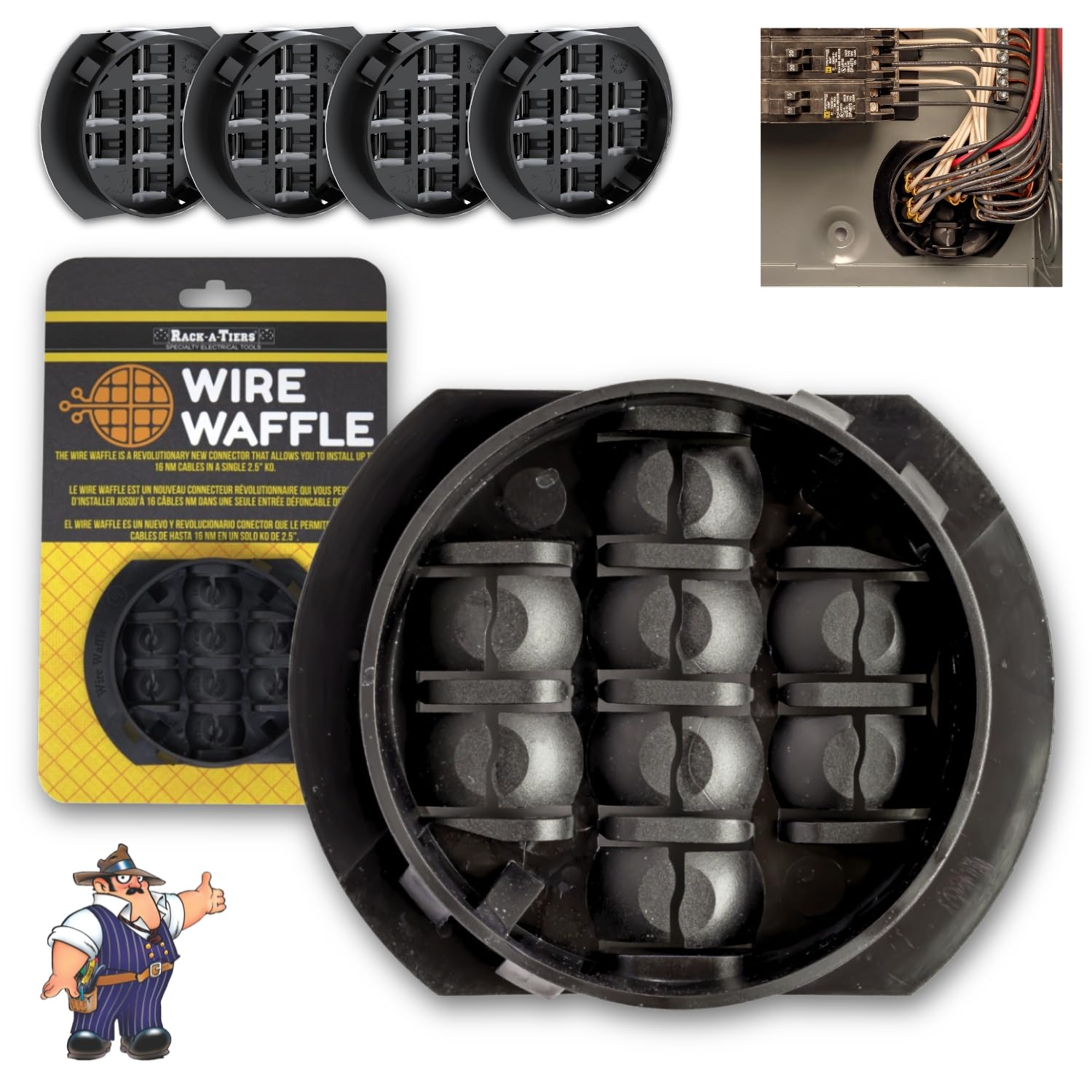 Wire Waffle Connnector for 2.5" KO's - 4 pack, NM Cable Connector, 16 Cables in 1 Knockout, UL Listed &amp; NEC Compliant (KO25W.P4)