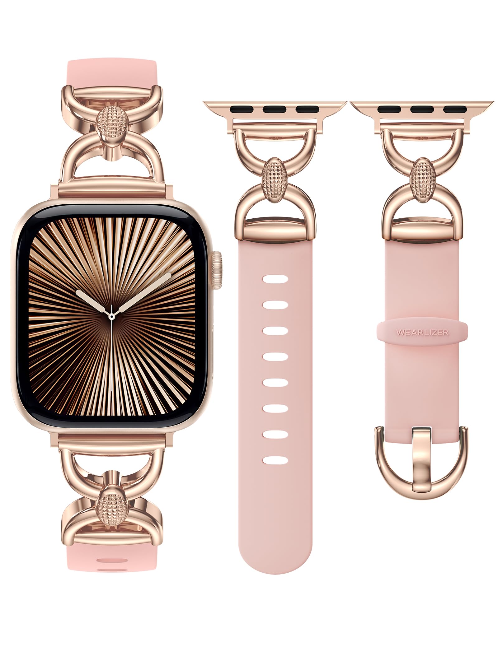 Wearlizer Silicone Band Compatible with Apple Watch Bands for Women 38/40/41/42/44/45/46/49mm, Dressy Strap with Double D-Shaped Metal Elegant Design