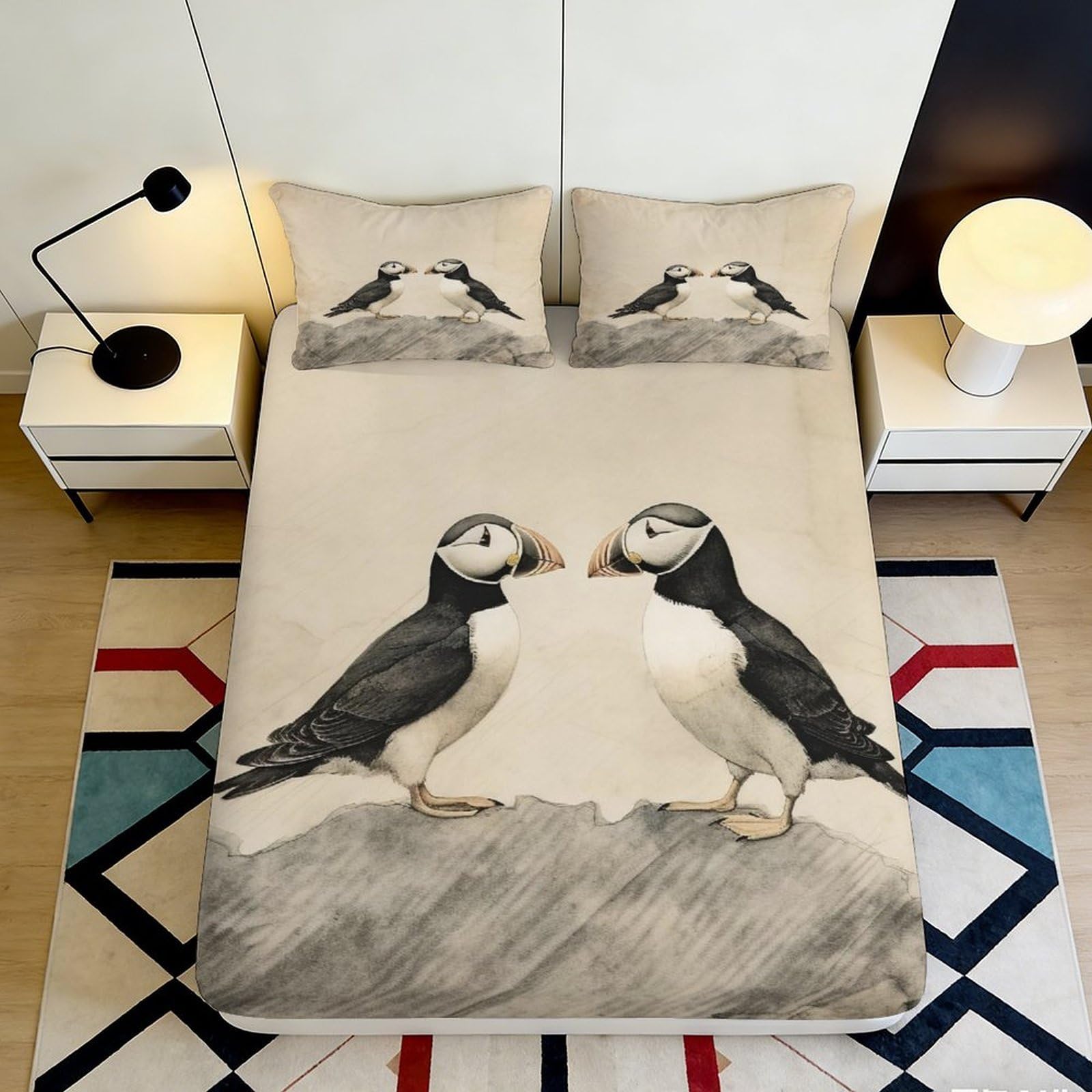 3D Printed Puffin Couple Fitted Sheet Microfiber Soft Anti-Slip Mattress Cover for Bedroom Guest Room Decor 90x200x25cm