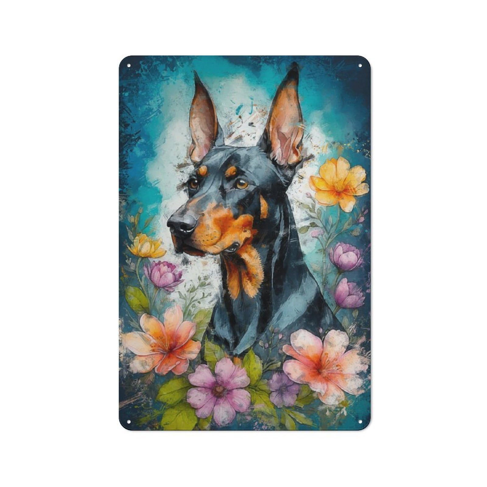Junmoney Doberman In Bloom 30X20cm Retro-Style Tin Sign With For Café Or Restaurant, Winter Wall Decor For Hospitality Interior Collectors