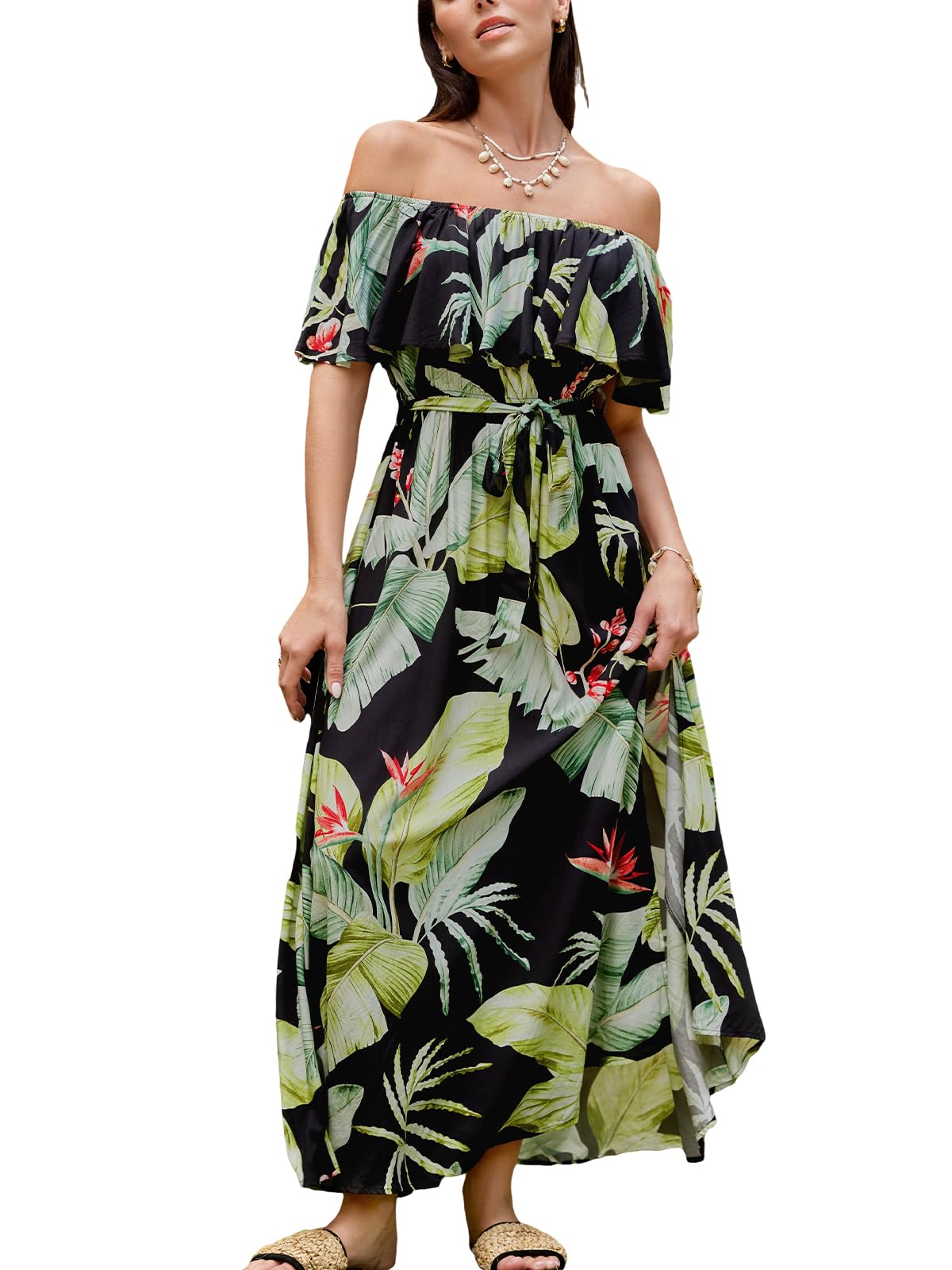 CUPSHE Women's Summer Dress, Tropical Off Shoulder Maxi Dress, Ruffles, Short Sleeve, Side Slit, Long Casual Dresses, Maxi Dress