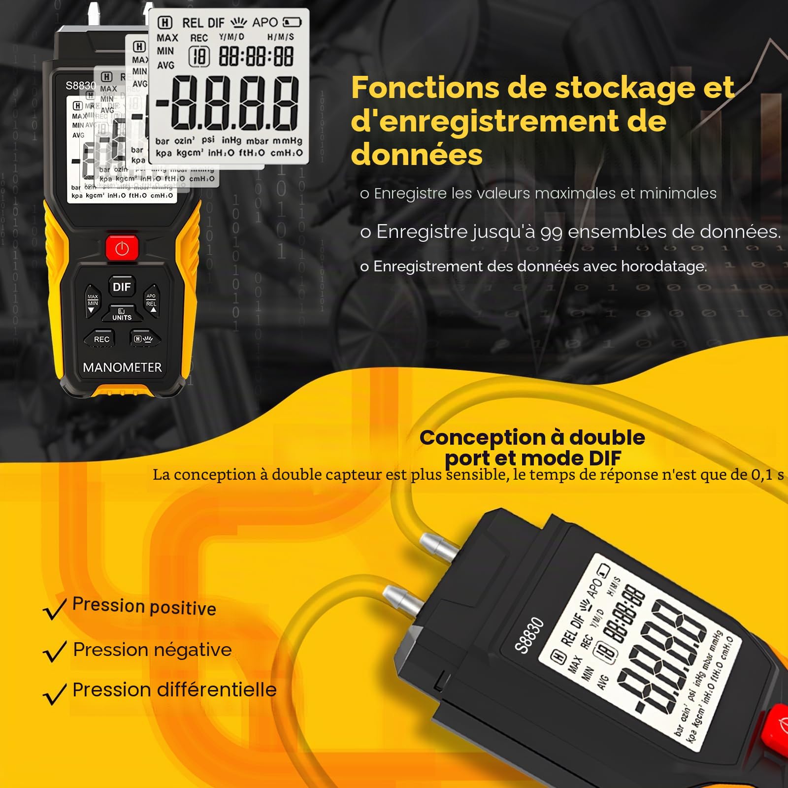Manomètre Numérique Testeur de Pression Différentielle ± 36,80 KPa Résolution 0,1 12 Unités Jauge de Pression de Gaz HVAC Double Port avec Alarme de Surpression et Enregistrement des Données