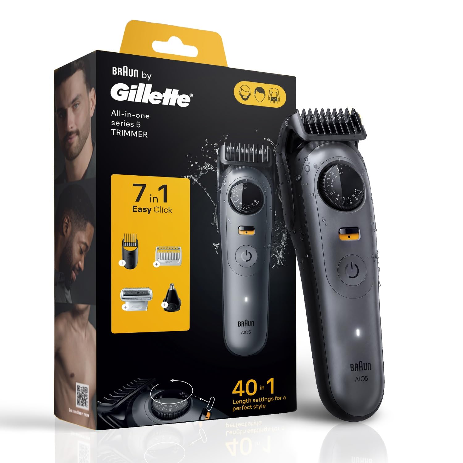 Gillette Series 5 All-in-One Beard & Body Trimmer for Man (by Braun) | 40 length settings for Face, Body, Head & Private Parts | Sensitive Body Comb for body grooming | 7-In-1 on top Attachments | 120 Min Runtime | 5 Min Quick Charge | 100% Waterproof