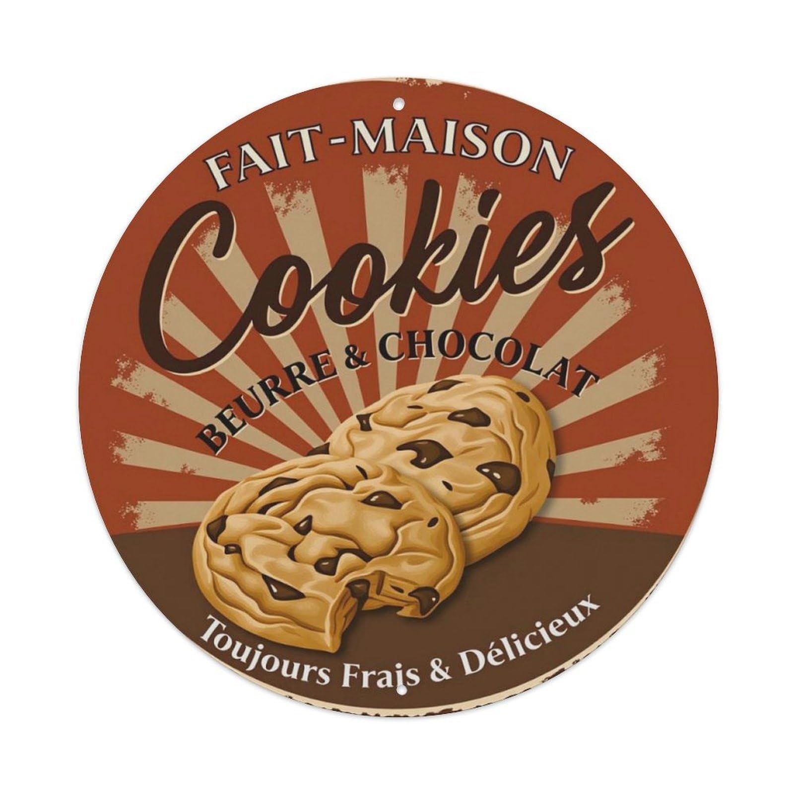 French Homemade Chocolate Cookie Round Decor Sign Vintage Aluminium Metal Sign, Retro Wall Decor for Home, Bar, Garage & Farmhouse 20x20cm