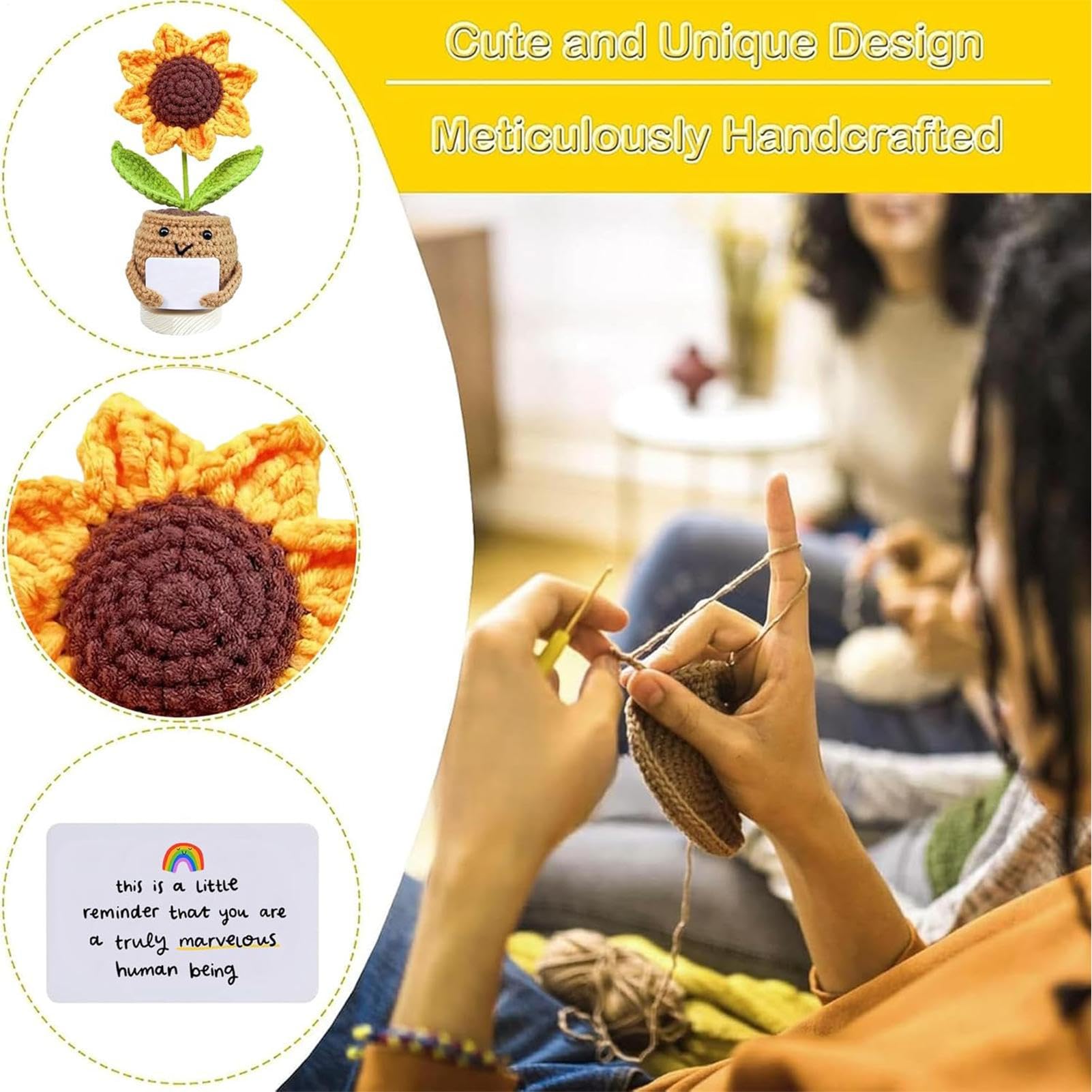 Positive Sunflower Crochet Potted Flowers, Emotional Support Plant with Encourage Card - Image 2