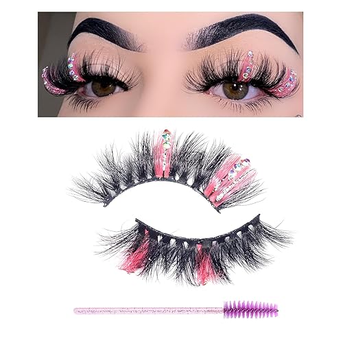 Miniatura 7 de 1 par de pestañas de color rosa con purpurina plateada 3D, pestañas postizas de ojo de gato, pestañas postizas esponjosas de imitación de visón,
