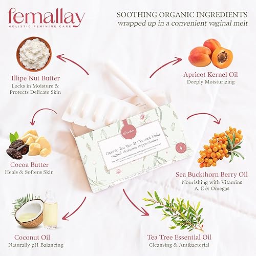 Miniatura 6 de Femallay Supositorios de limpieza vaginal de árbol de té orgánico y aceite para higiene, 100% naturales para el cuidado femenino, ideal para