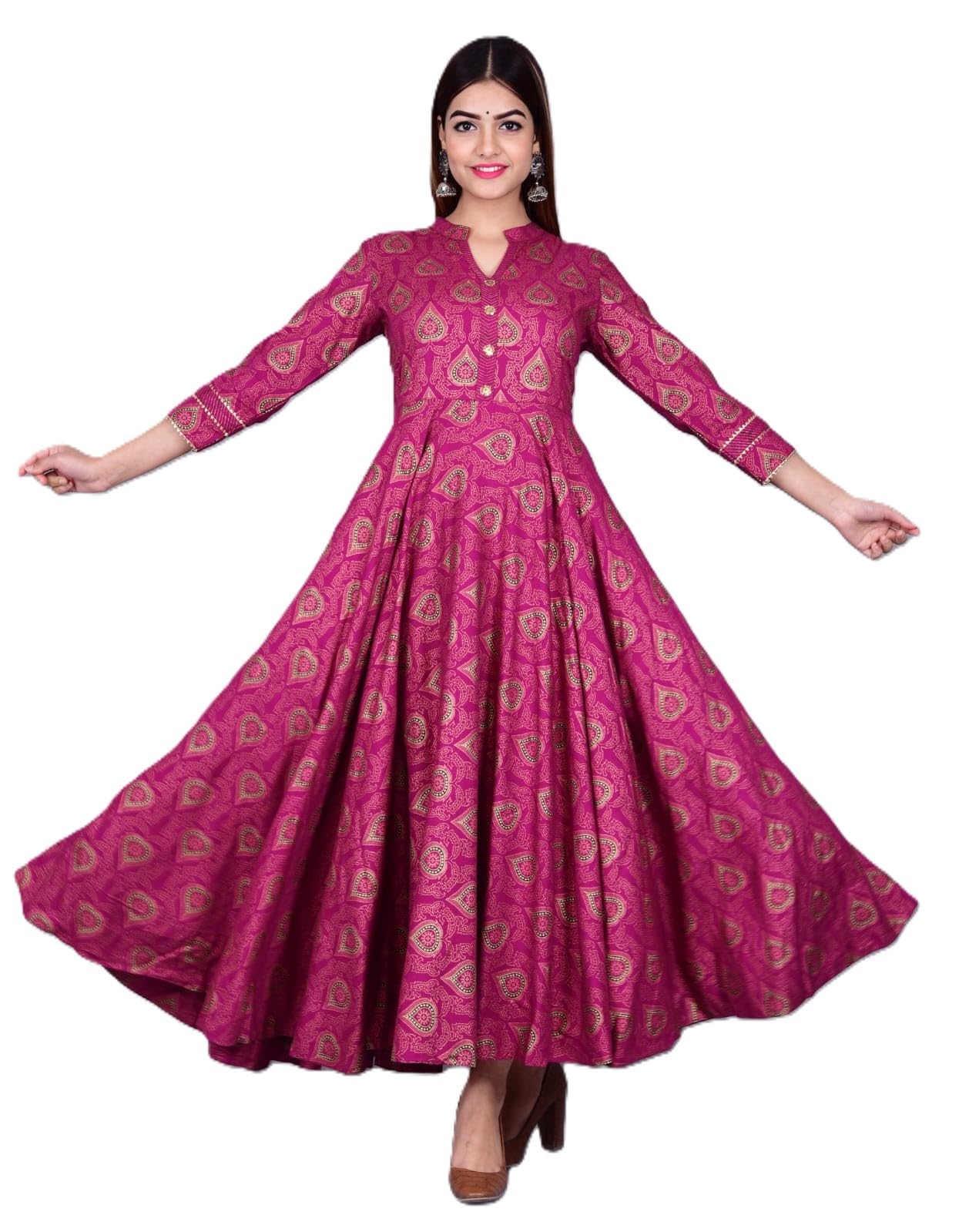 Traditional Magenta Floral Print Anarkali Dress, Long Sleeve Maxi Gown, Gold Paisley Pattern, V-Neck, Ethnic-image-14